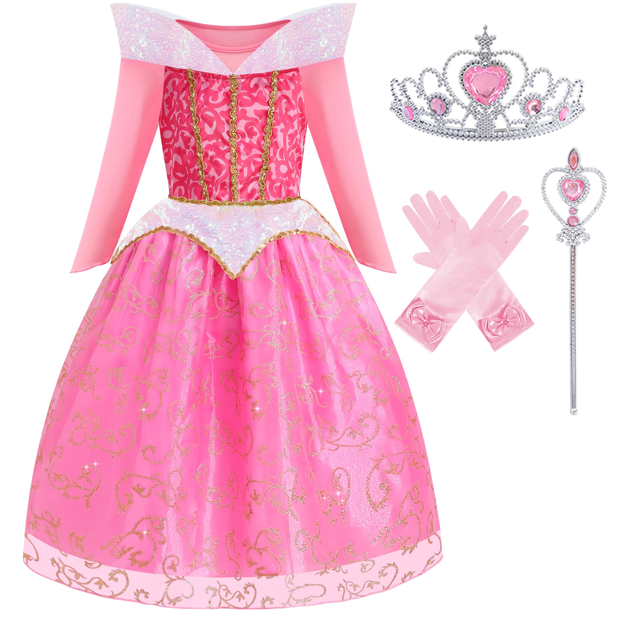 Aolliya Pink Princess Dress for Girls Sparkling Princess Costumes Fancy Halloween Dress Up for Cosplay Carnival Party