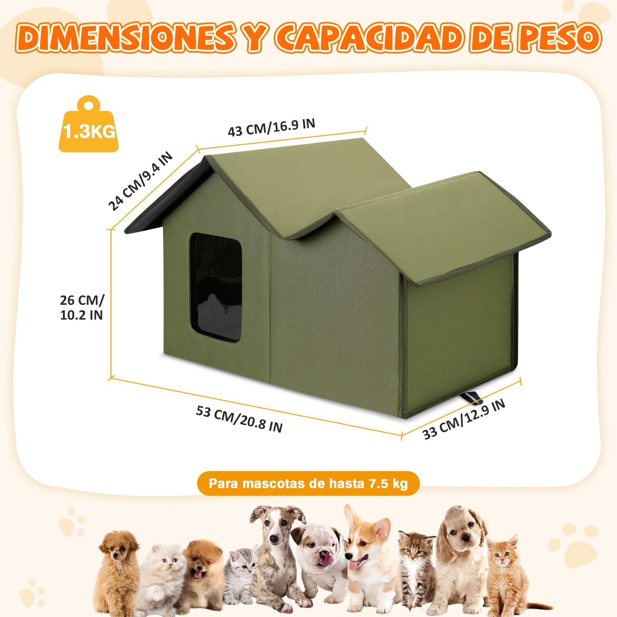 ALLSOPETS Casa para Gatos Exterior Impermeable, Caseta Gato Plegable y Resistente a la Intemperie, Refugio Cálido para Gatos o Perros Pequeños Interior y Exterior (Verde Bosque)