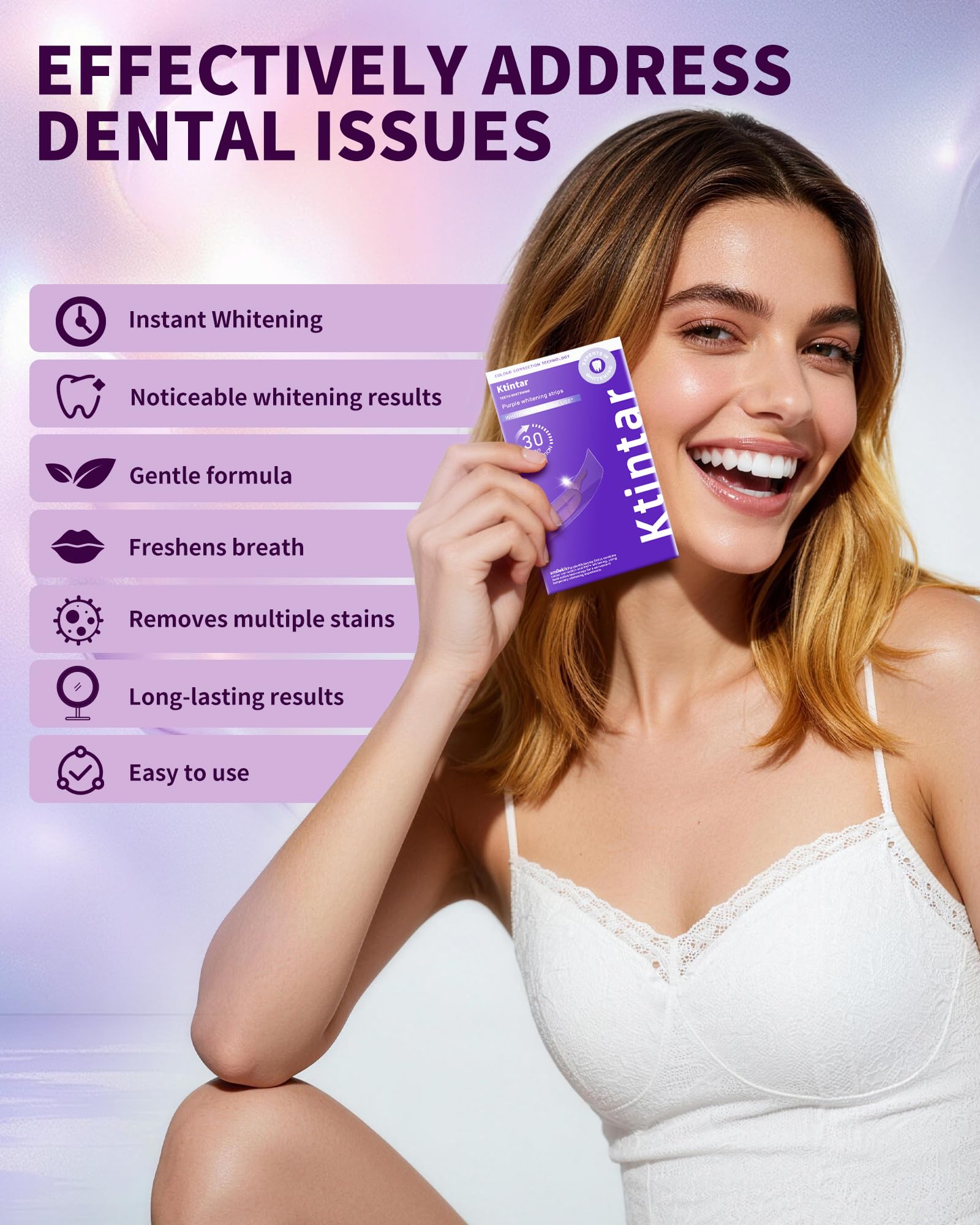 Ktintar Purple Whitening Strips, Color Correcting Purple Teeth Whitening Strips for Sensitive Teeth, Removes Yellow Stains, Enamel Safe, 30 Min Treatment, 14 Treatments, 28 Strips — view 6