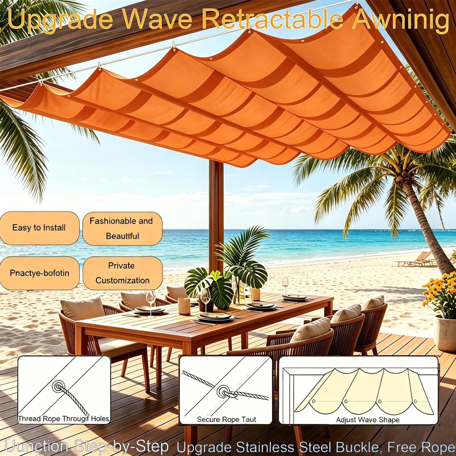 Einziehbare Welle Sonnensegel, Sonnensegel Einziehbar Welle, Verstellbar Schattenabdeckung Sonnenschutz Pergola, Maßanfertigung Möglich, für Garten Außenbereich-orange||100x700cm