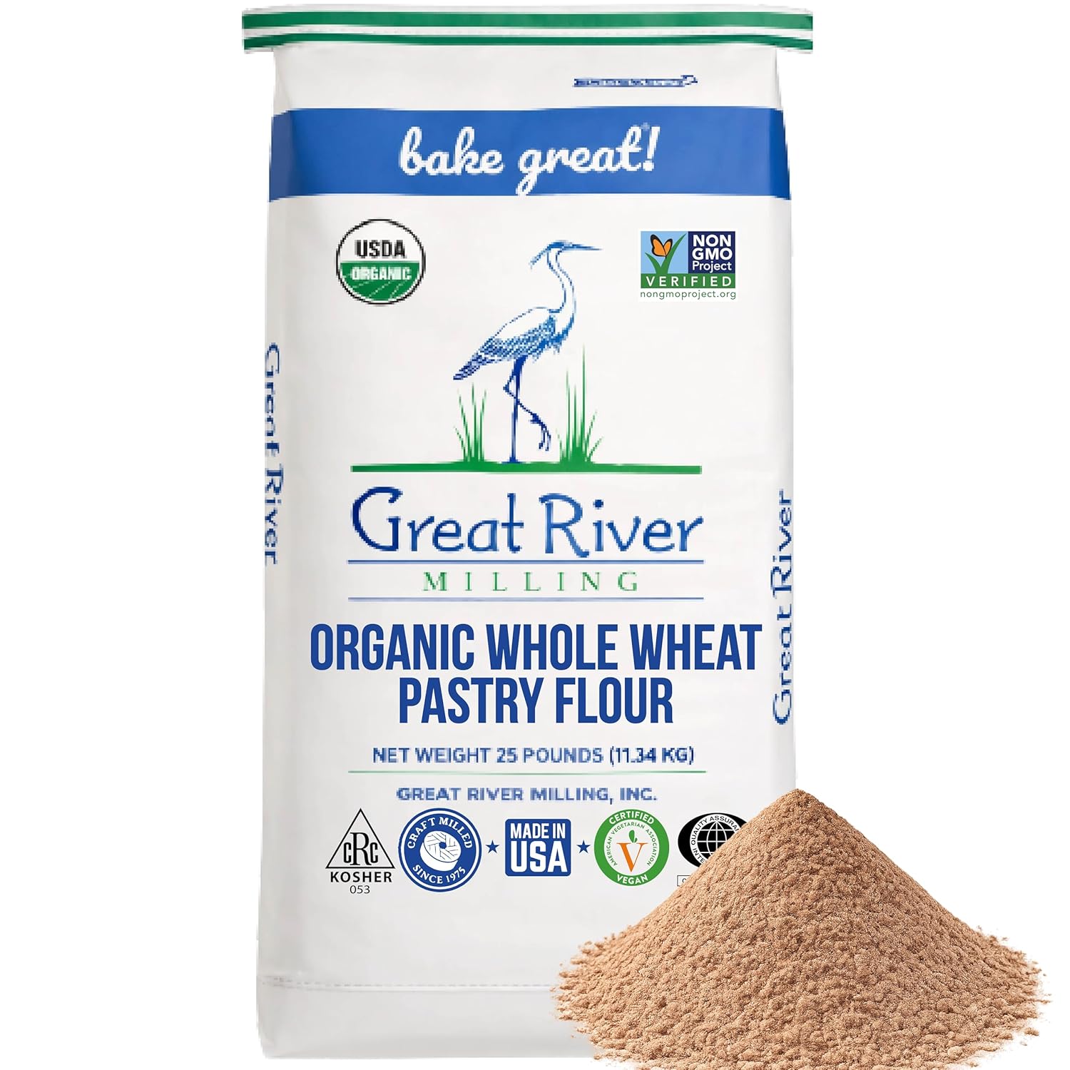 Great River Milling Organic Whole Wheat Pastry Flour | Soft Texture, Lower Gluten | USDA Organic, Non-GMO, Kosher | Ideal for Muffins, Cookies, Cakes & More | 25 Lb (Pack of 1)