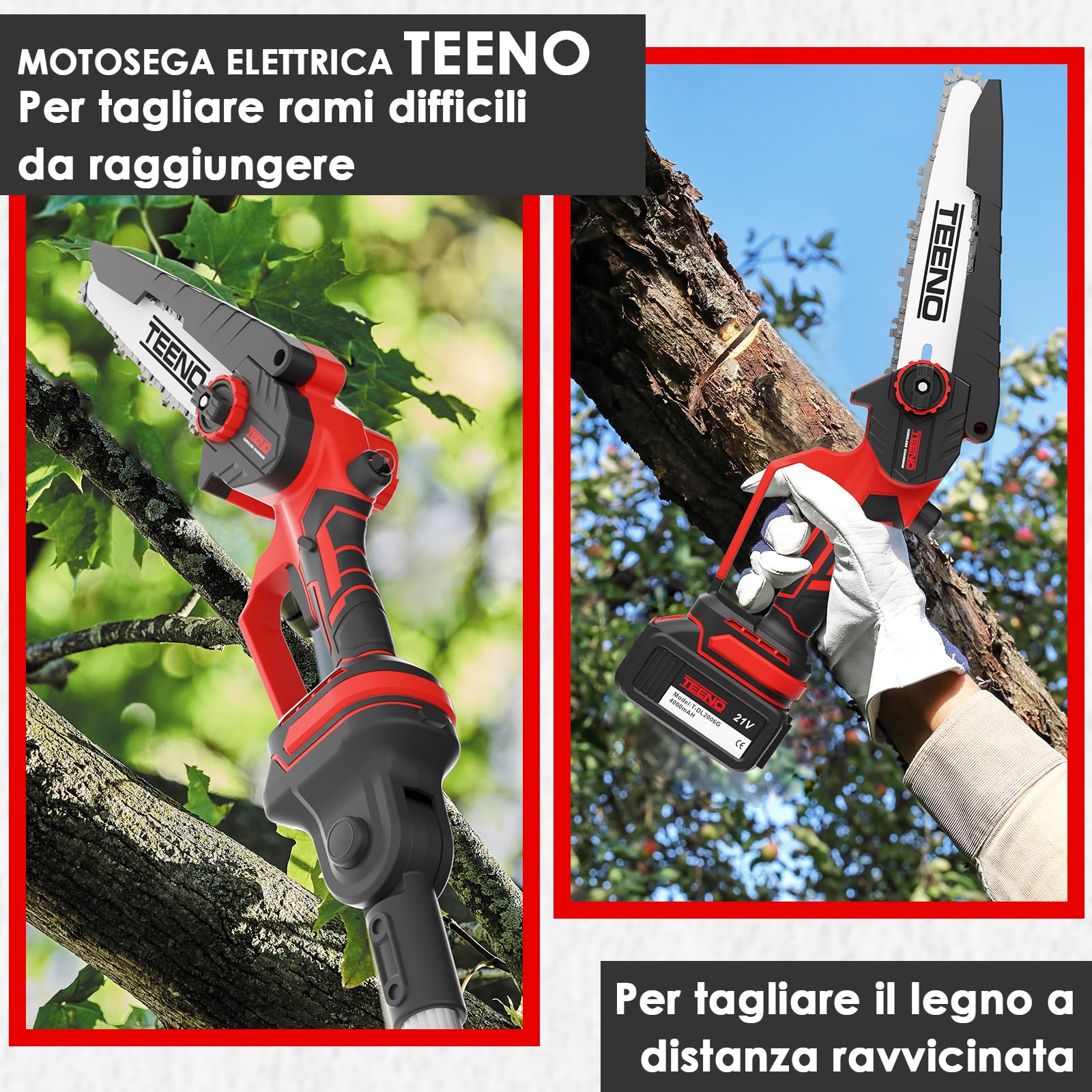 TEENO Segatrice elettrica,segatrice elettrica 2 in 1,asta telescopica | staccabile,regolazione a 180°,6 pollici,2 batterie da 4000 mAh,2 piastre di guida,2 catene