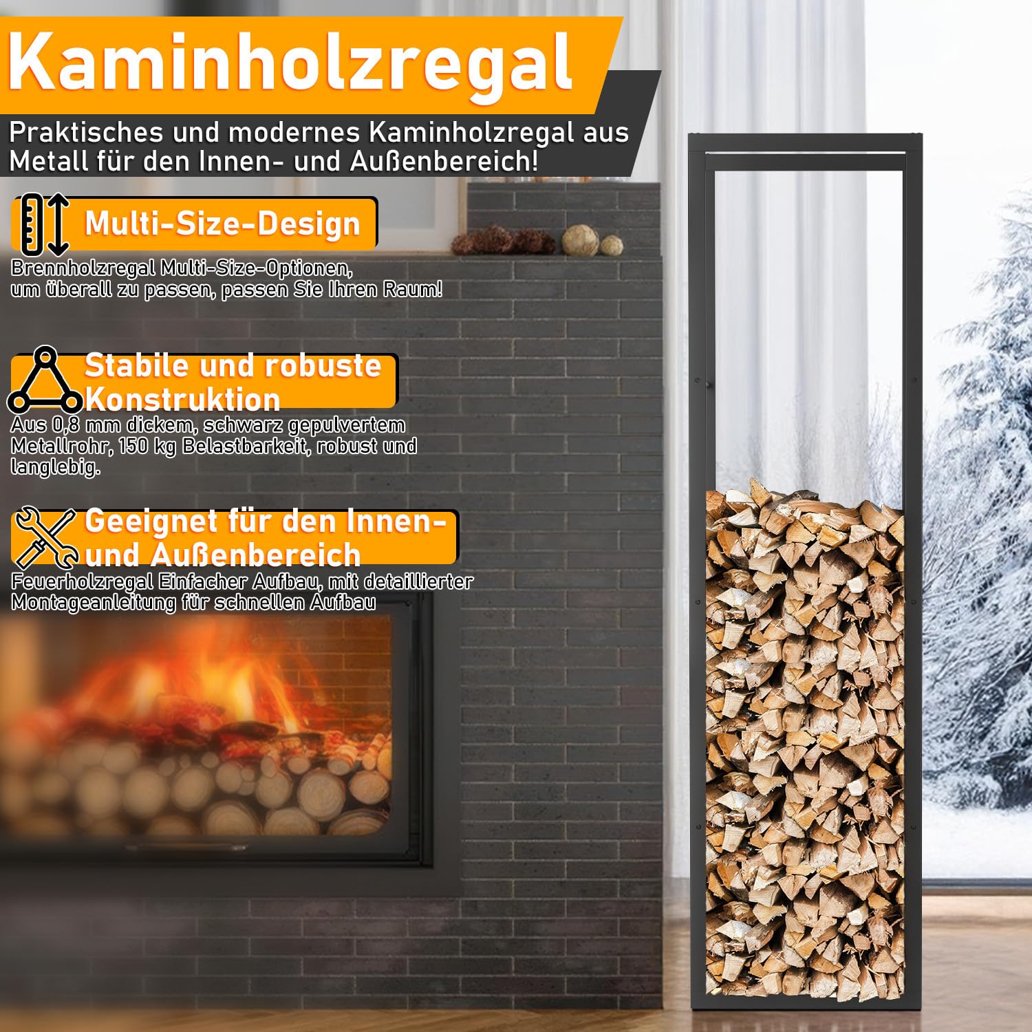 Ikodm kaminholzregal Innen und Aussen, Metall Brennholzregal außen 40 x 25 x 150CM, Holzstapelhilfe für Kamin & Ofen, Holzunterstand für Kaminholz Aussen, Schwarz