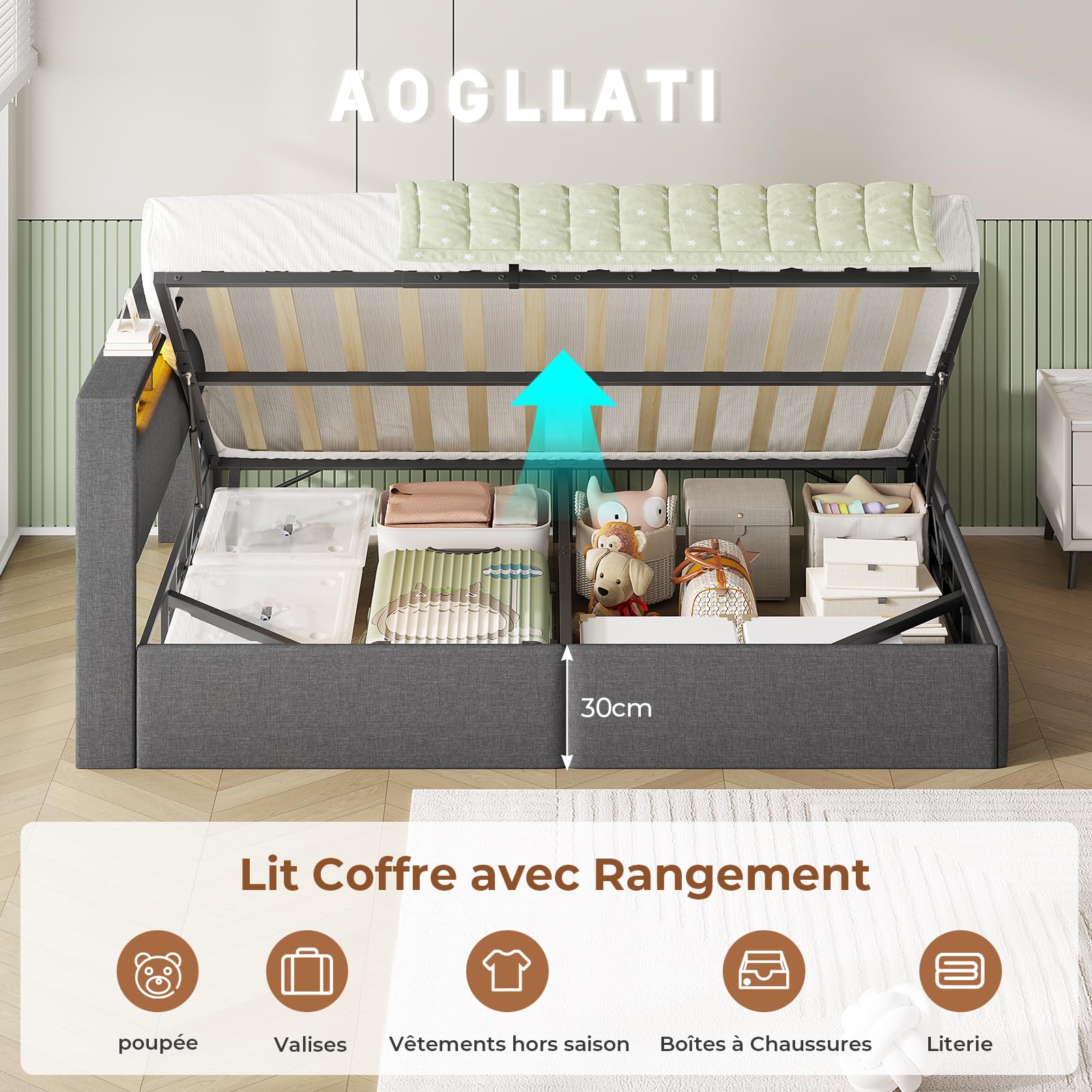 AOGLLATI Canapé lit 140 x 200, Lit Coffre 140 x 200 avec LED et Ports USB, Lit Hydraulique avec Tête de Lit capitonné et Rangement, Lit 2 Personnes avec Lattes en Bois, Lin Gris Foncé(sans Matelas)