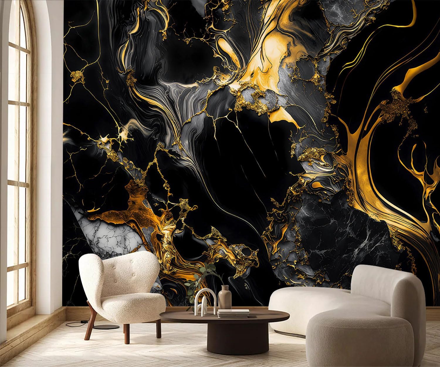 PYFFYP- Abstract Black and Gold Marble Peel and Stick Wallpaper murals for Bathroom