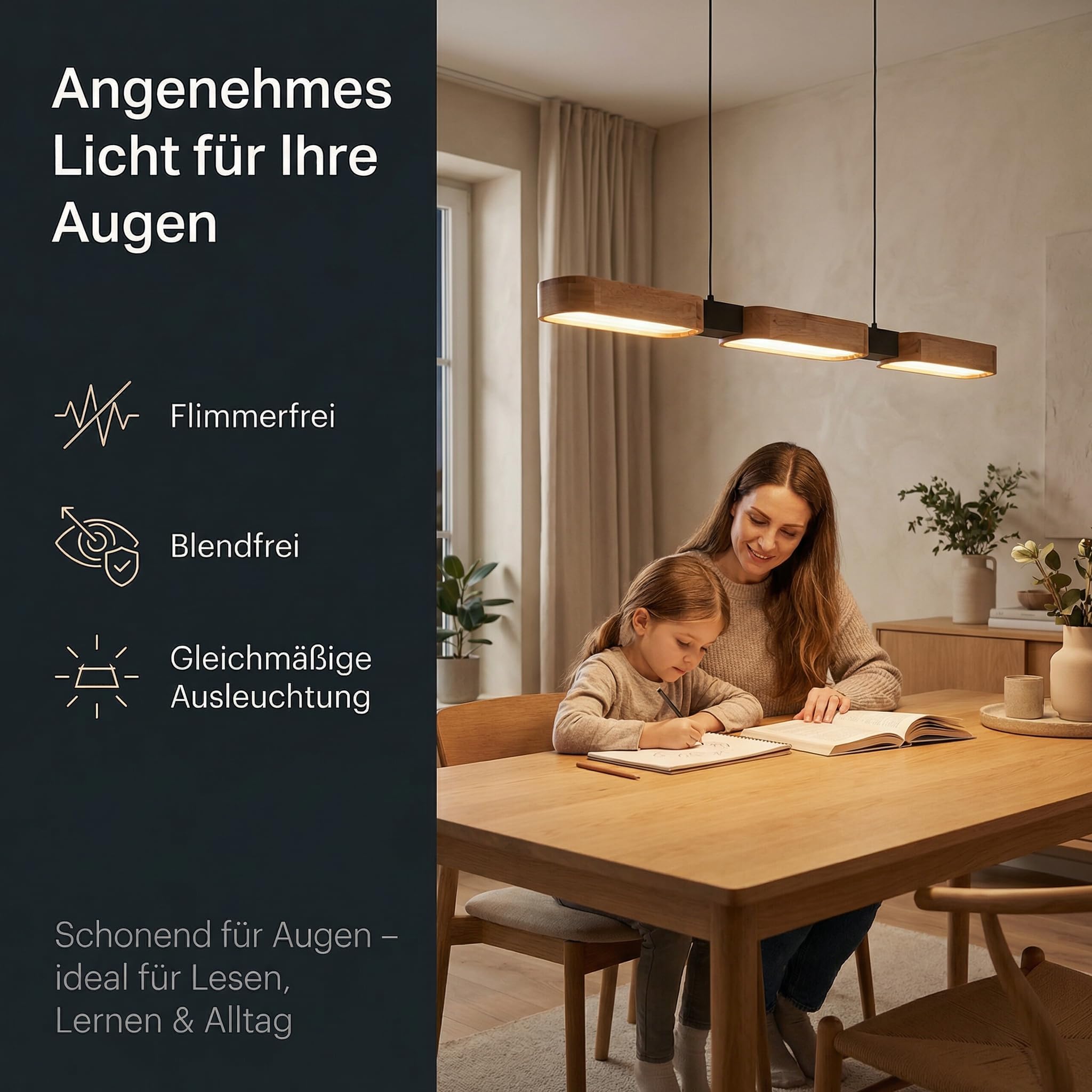 Pendelleuchte Esstisch 90 cm, Moderne LED Esszimmer Hängelampe Holz, Fernbedienung Dimmbare Timer Nachtautomatil Linear Design 25W
