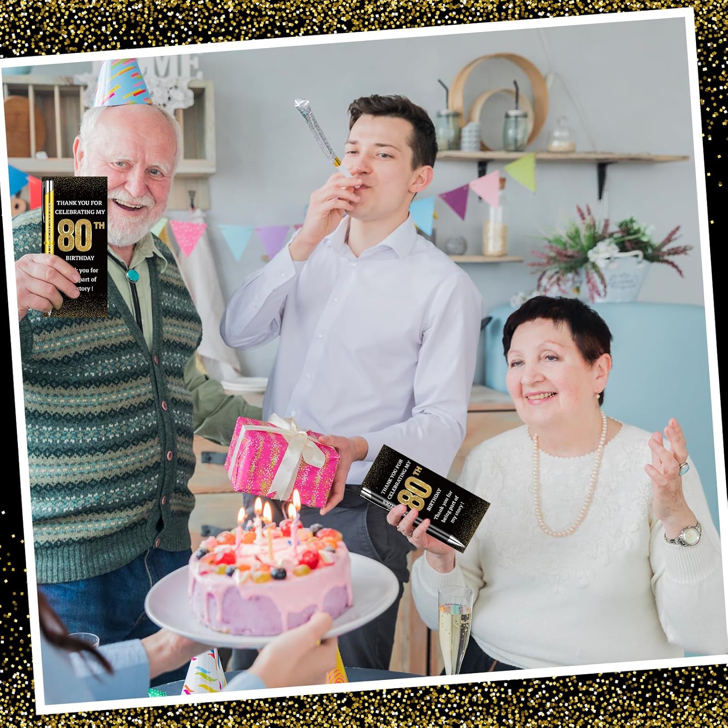 24 Set Birthday Party Favor for Guest 80th Birthday Ballpoint Pens with Thank You Cards Golden Ties Anniversary Appreciation Gifts Thanks for Coming to My 80 Years Birthday Party Supplies (80th)