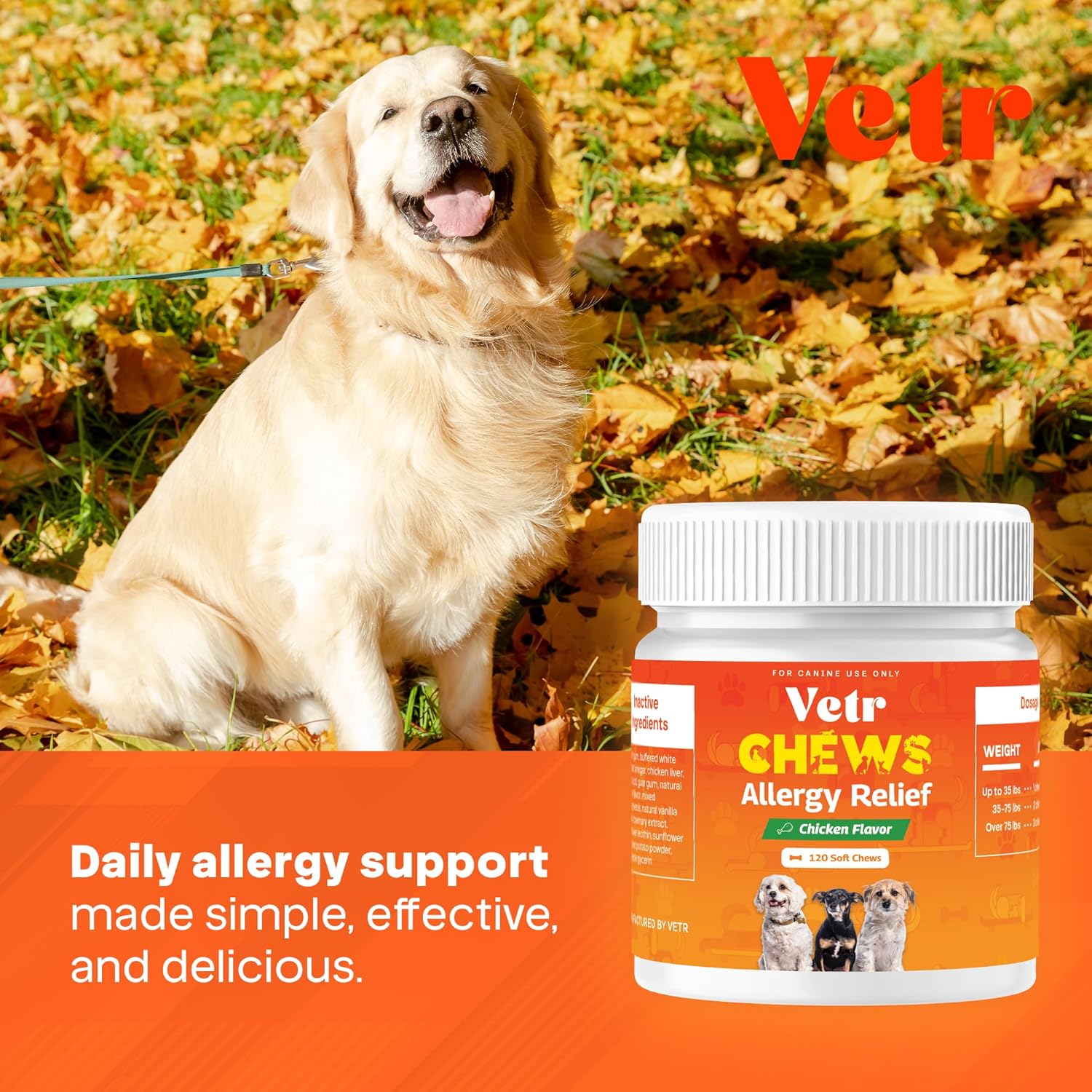 Vetr Allergy Relief Chews for Dogs - Dog Itching Skin Relief, Dog Allergy Treats with Probiotics and Omega-3 - Chicken Flavored 120 Count - Vet-Formulated in USA