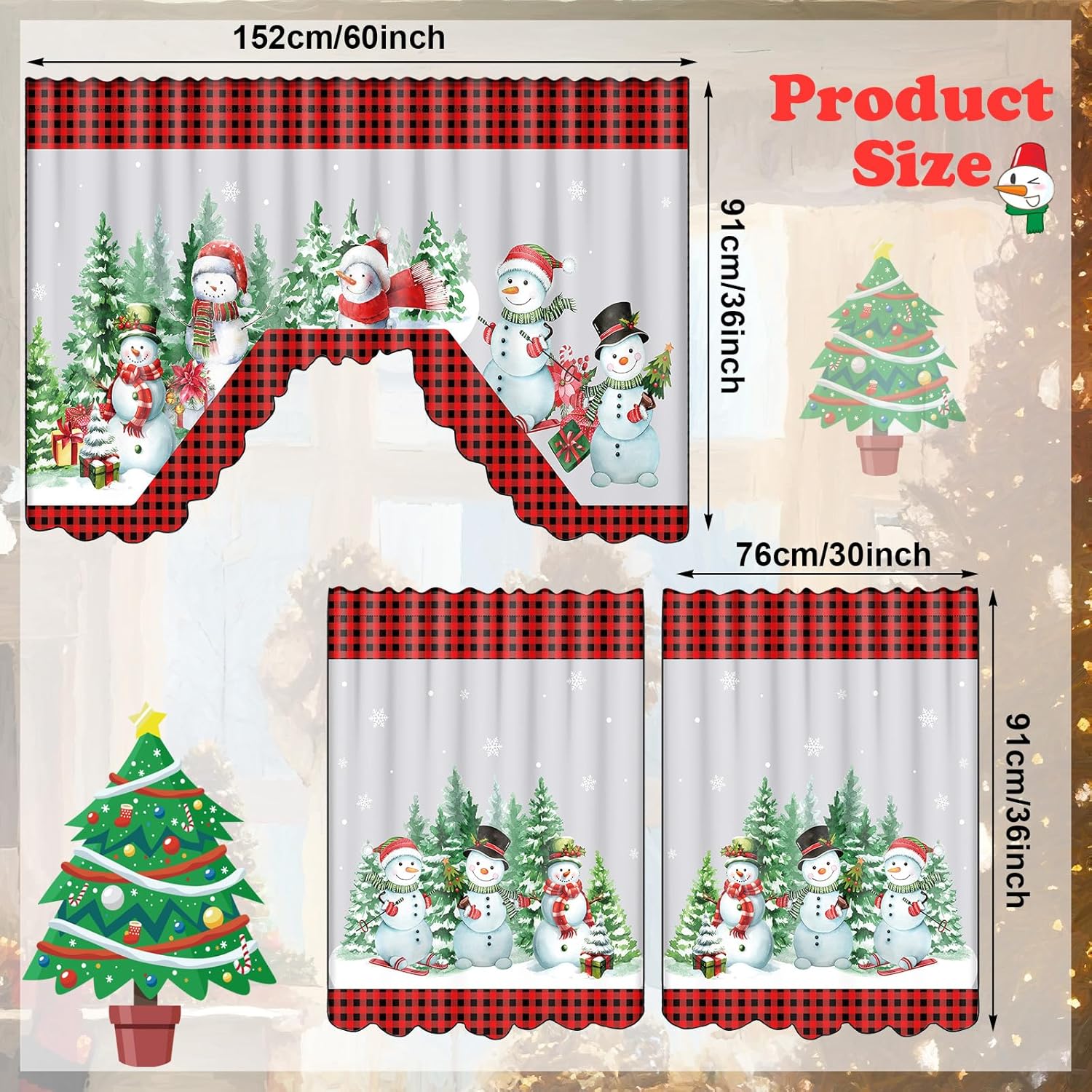 Frienda 6 Pcs Christmas Kitchen Curtains Window Curtains and Valance Set Snowman Christmas Tree Gnome Buffalo Plaid Swag for Bedroom Living Room, 60 x 36 Valance, 36 x 30 Tier(Snowflake)