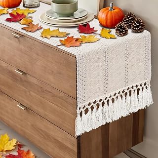 yuboo Boho Table Runner Short, Dresser Runner Cover Top, Beige Macrame Coffee Table Runners for Living Room Kitchen, Nightstand, End Table, Farmhouse Spring Dresser Decor, 48 Inches Long