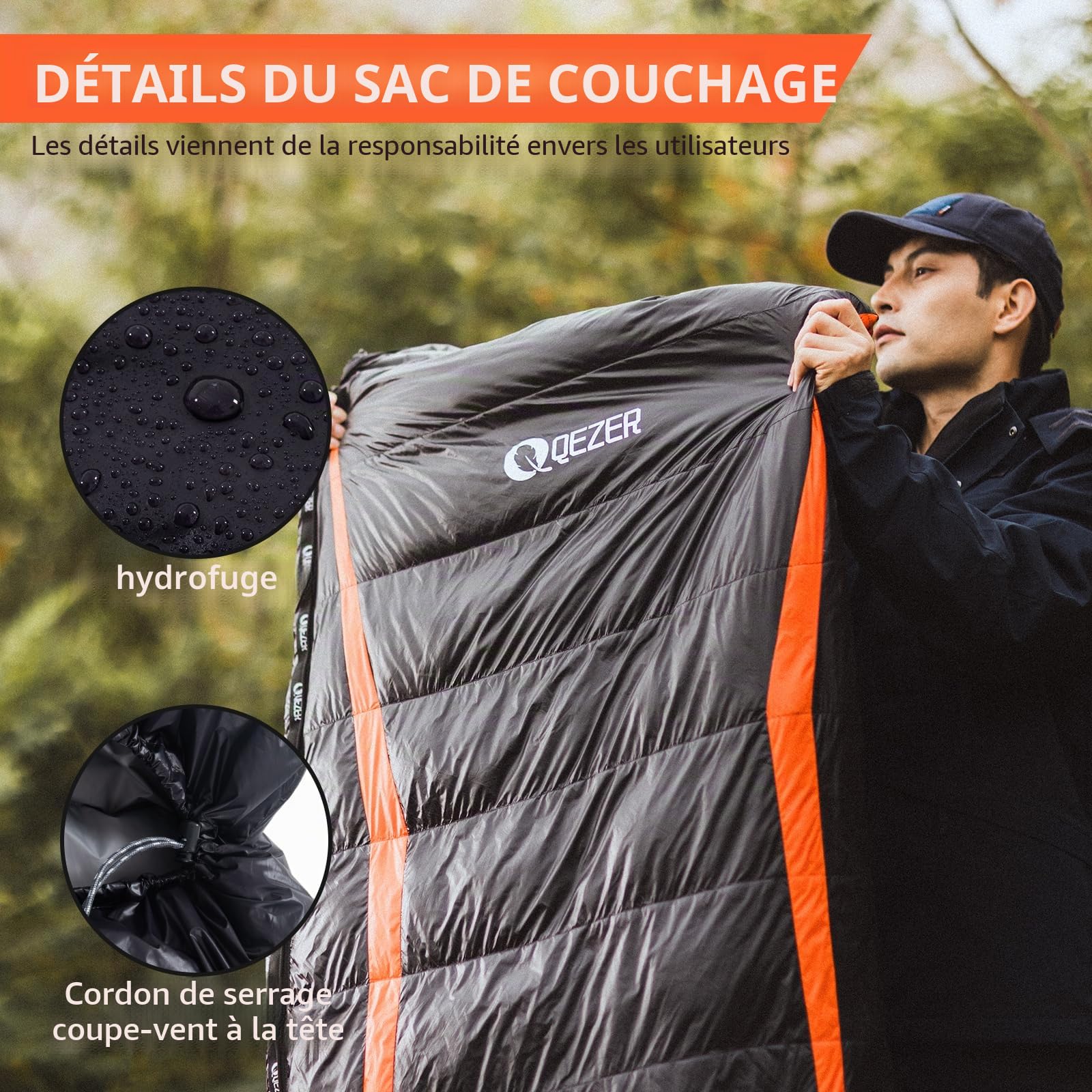 Sac de couchage en duvet ultraléger de -3 °C à 8 °C pour 4 saisons de camping, randonnée et plein air, garnissage 600 g de duvet de canard de qualité supérieure