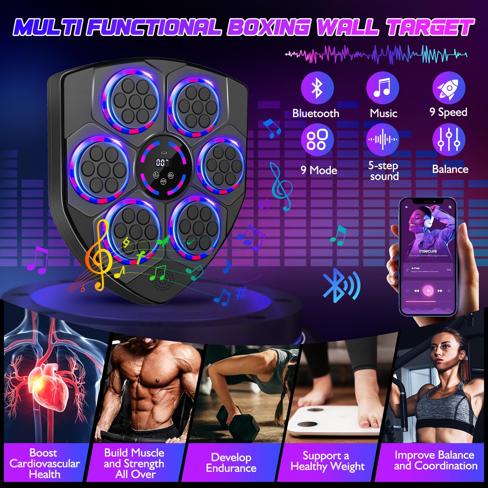 Joellfuner Music Boxing Machine, LED Macchina da Boxe Musicale, Supporto Bluetooth, Conteggio Intelligente, 9 modalità, Boxe Musicale da Parete per l'Allenamento Amatoriale Domestico