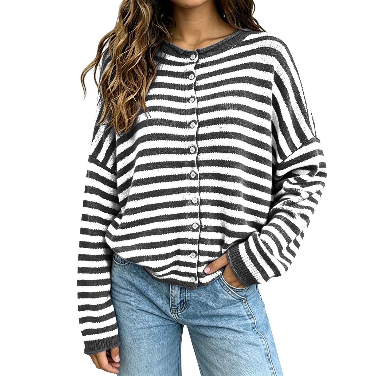 Maglione da donna, tinta unita, casual, a righe, per autunno e inverno