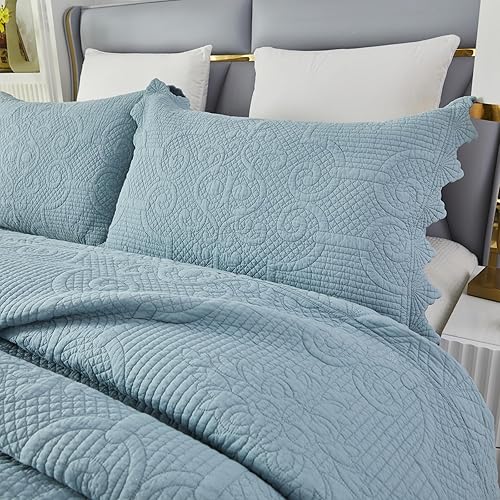 Brandream Juego de edredón de lujo tamaño Queen de algodón, vintage, color azul antiguo, juego de ropa de cama de Matelasse