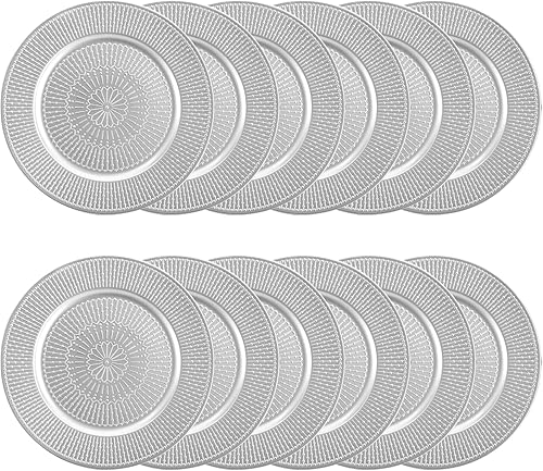 Miniatura 3 de DEAYOU Paquete de 12 platos de carga plateados, cargadores de cuentas de 13 pulgadas para platos de cena, platos de carga redondos reutilizables de