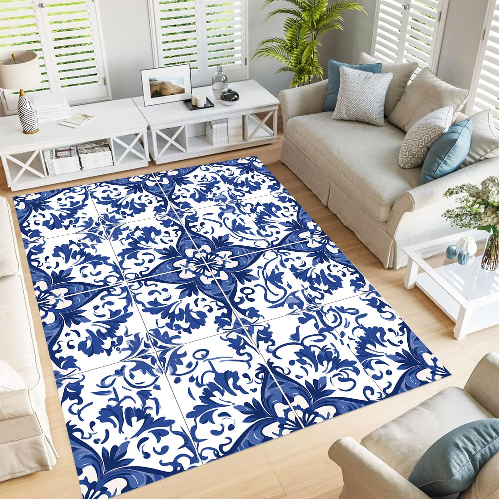 Tapis de décoration bleu blanc carreaux marocains pour salon chaleureux