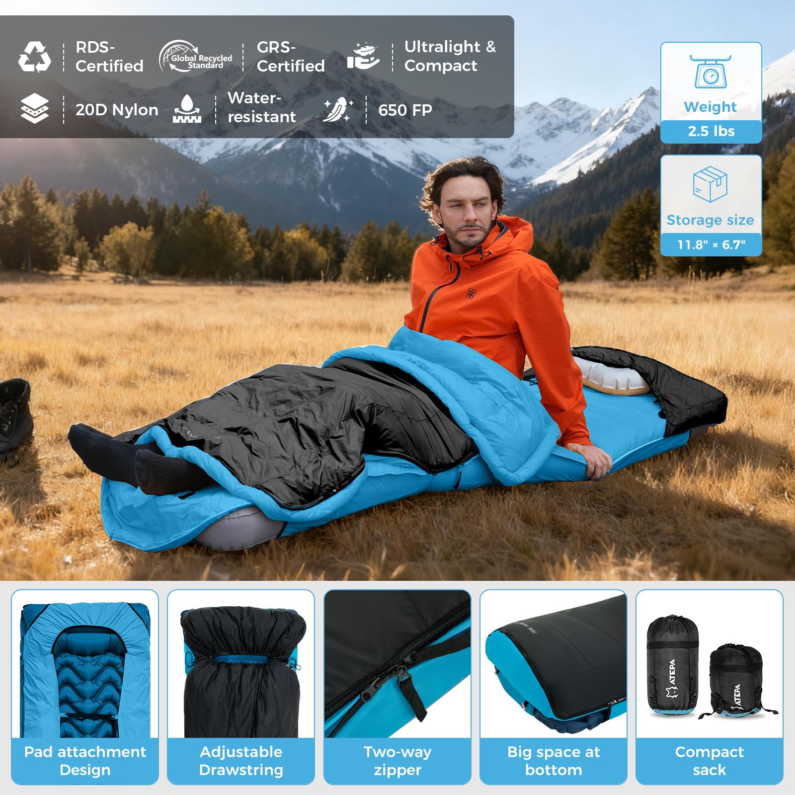 ATEPA Sac de couchage en duvet pour randonnée ultraléger 650 FP, -6,7 °C/-1,1 °C 4 saisons, sac de couchage 2 pièces en matériau recyclable avec sac de compression, comme couverture