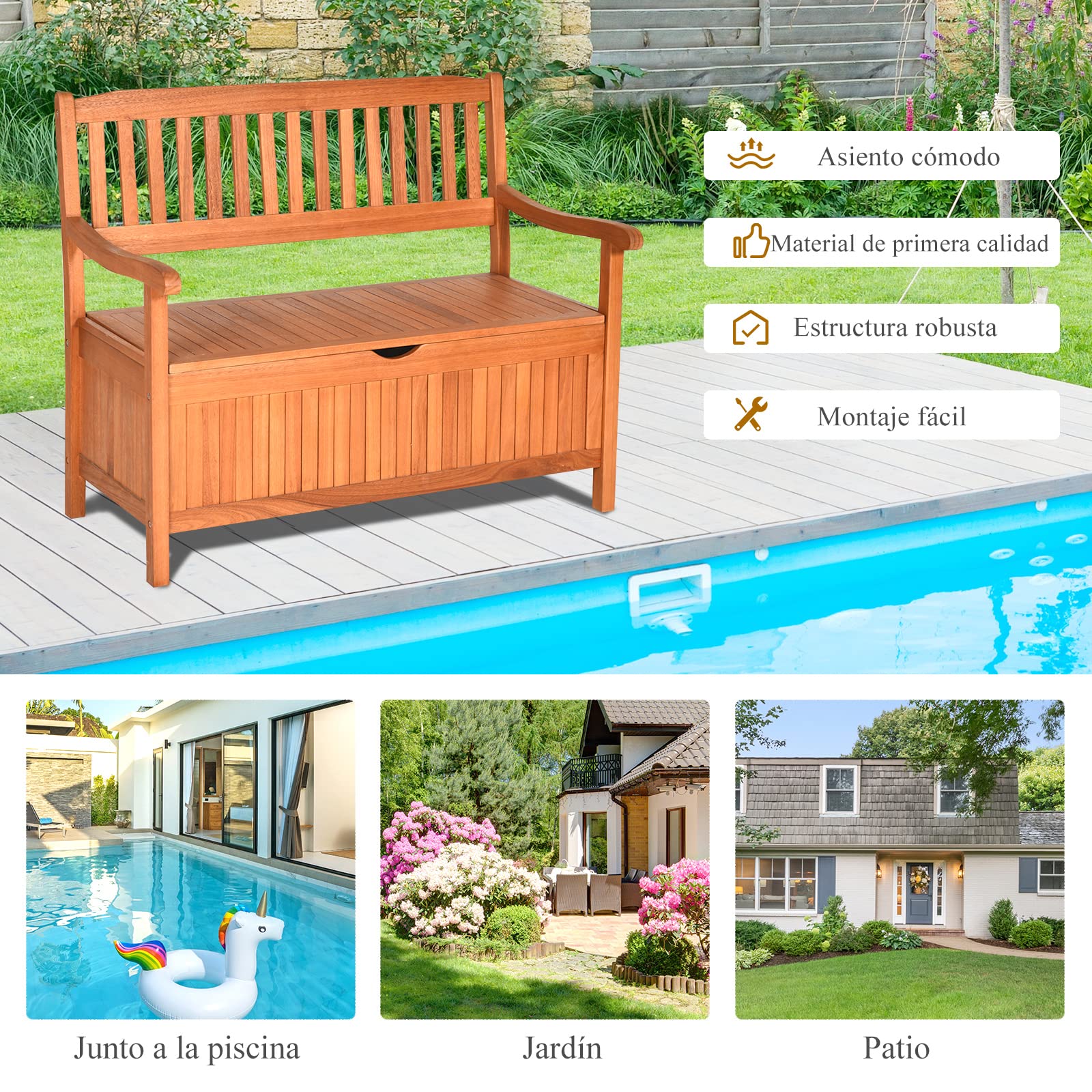 GOPLUS Banco de Jardín con Almacenamiento y Respaldo Ergonómico | Banco Exterior para 2 Plazas, Asiento Cómodo, Banco de Intemperie para Terrazas, Balcones y Patios, 107 x 59 x 90cm