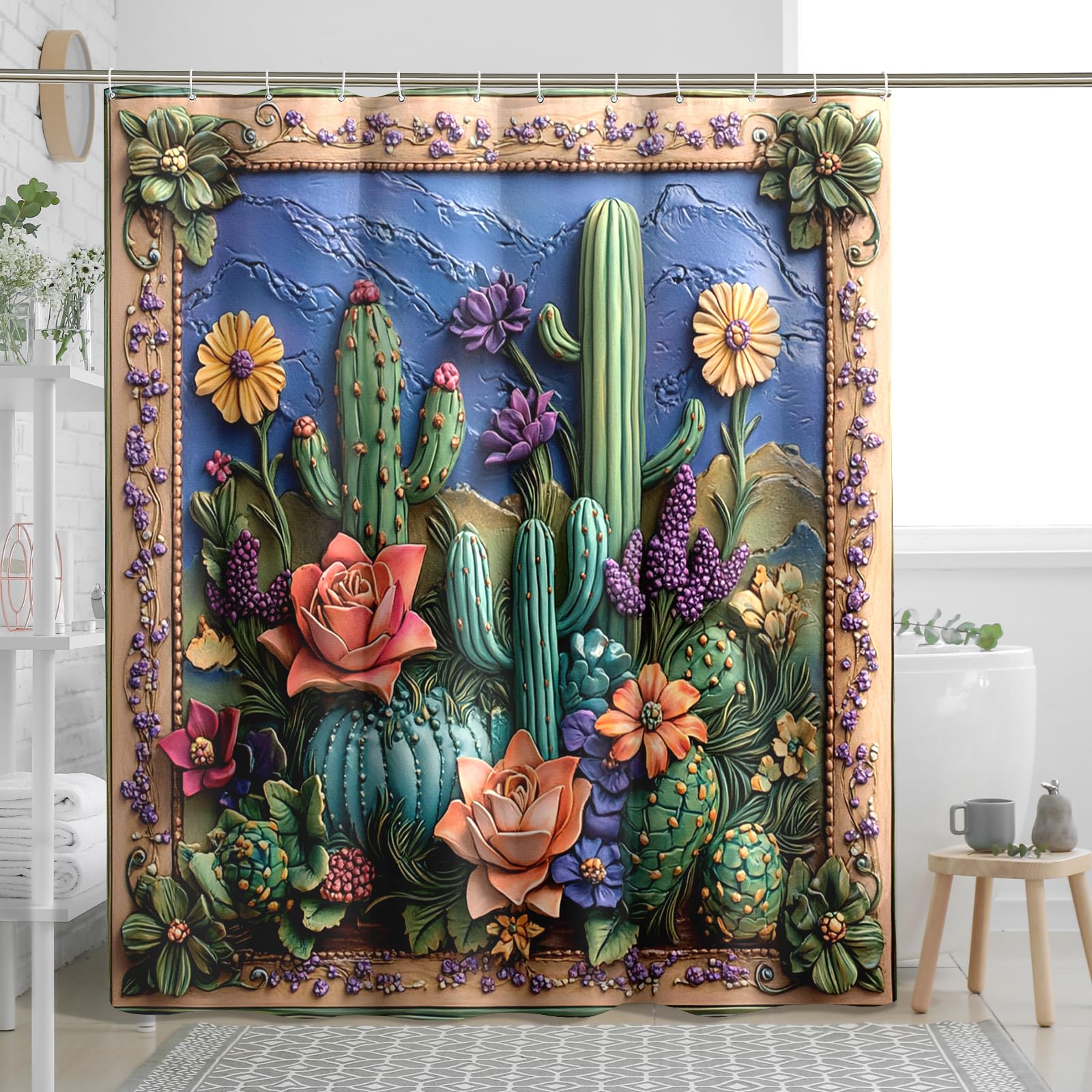 4PCS 3D Relief Western Cactus Bathroom Accessory Sets with Non-Slip Rug, U Shape and Toilet Lid Cover Mat, Tropical Scenic Bathroom Fabric Decor-72''x72''