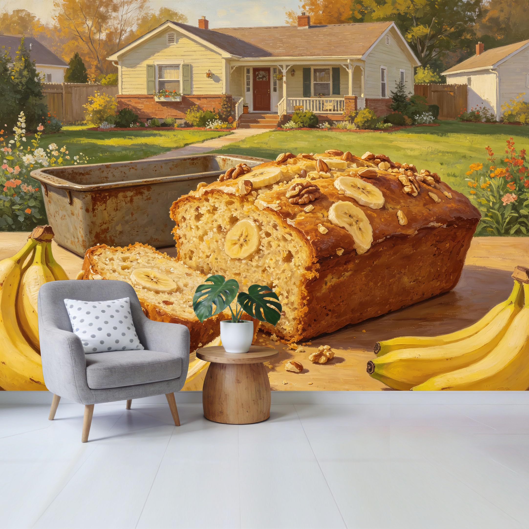Qzlithotic Yq2605251119 Custom Size Wall Mural Baked Banana Nut Bread Countryside Farmhouse House Landscape Oil Painting Selfadhesive Wall Fabric Removable Wallpaper For Home Office Decor