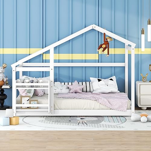 Miniatura 3 de Harper & Bright Designs Cama Montessori de madera tamaño individual con estantería, no necesita somier, para niños y niñas, color blanco