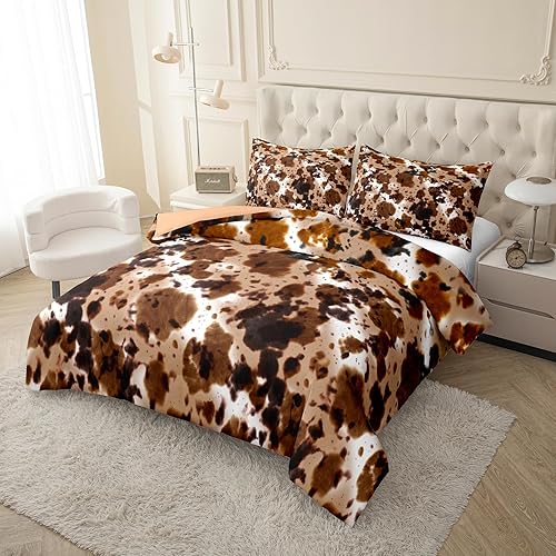 Miniatura 2 de Juego de edredón con estampado de vaca, tamaño Queen, color negro, marrón, blanco, con estampado de vaca occidental, para niños, adolescentes, niños
