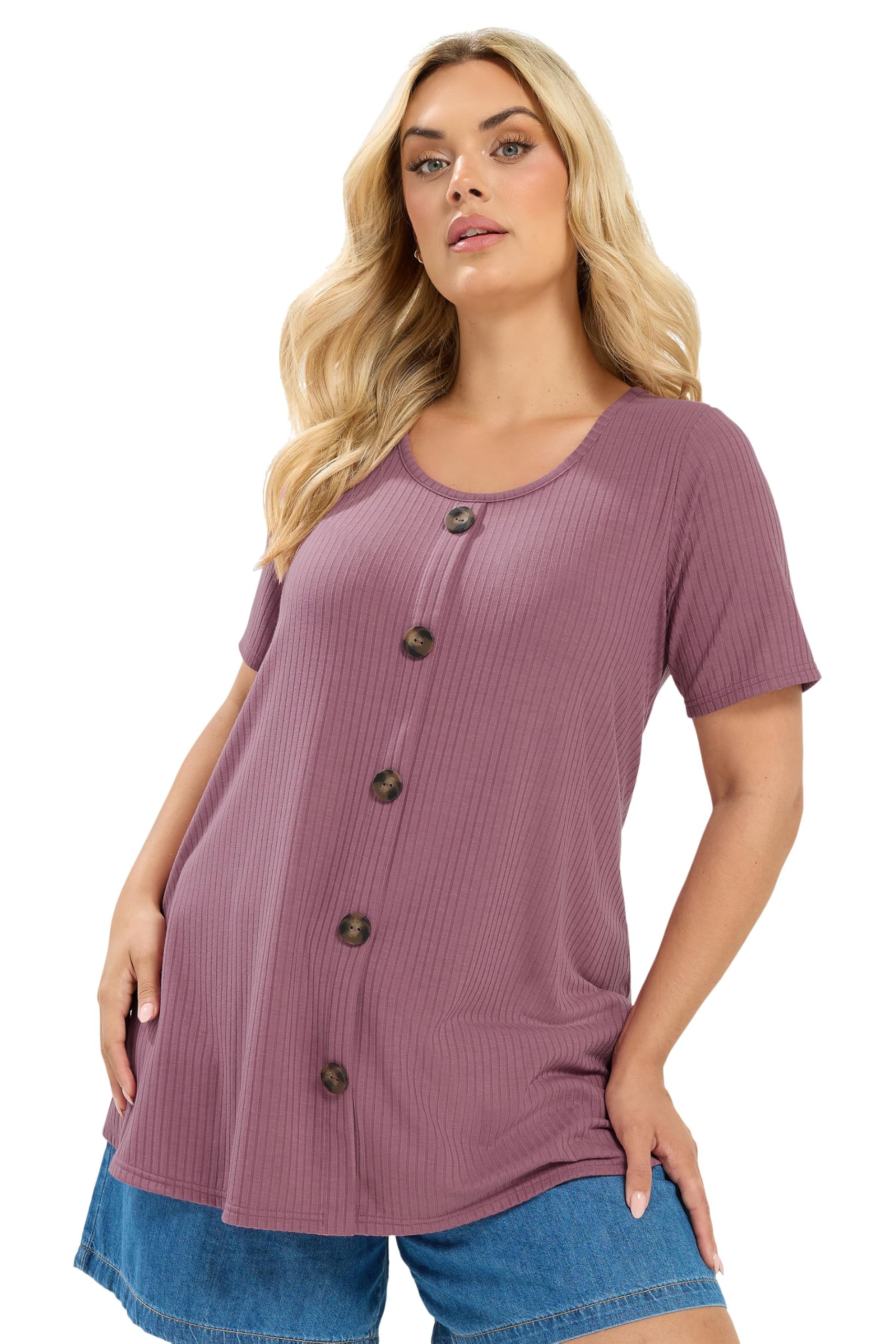 Yours Women's Pink Button Front Ribbed Swing Top In Size 20