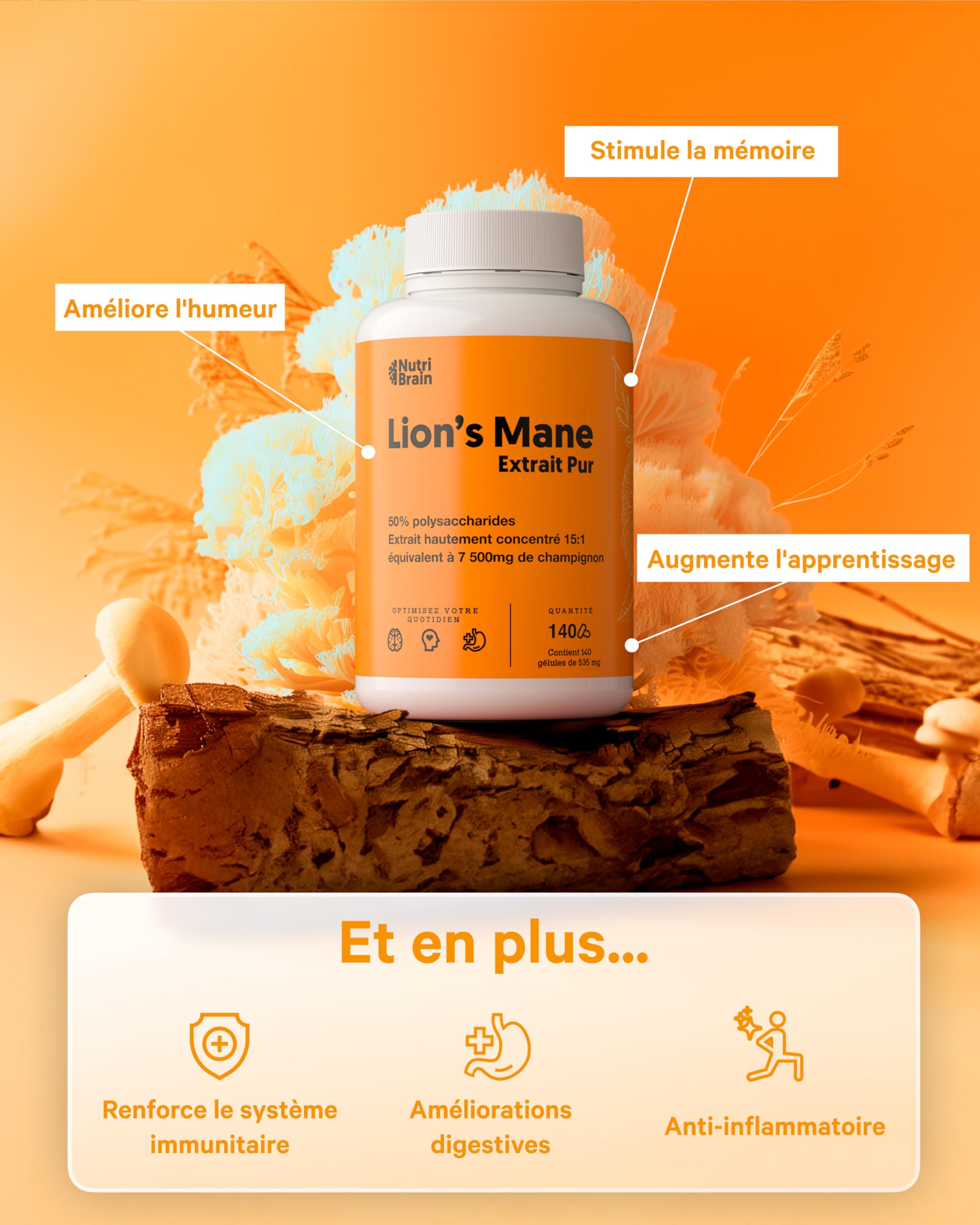 Lions Mane Pure 7500mg (2x1) Ultra-concentrée 50% | Nootropic : Mémoire, Concentration et Santé Cérébrale | Amélioration Cognitive à Long Terme | Bien-être Émotionnel et Gastro-intestinal | 140 Caps