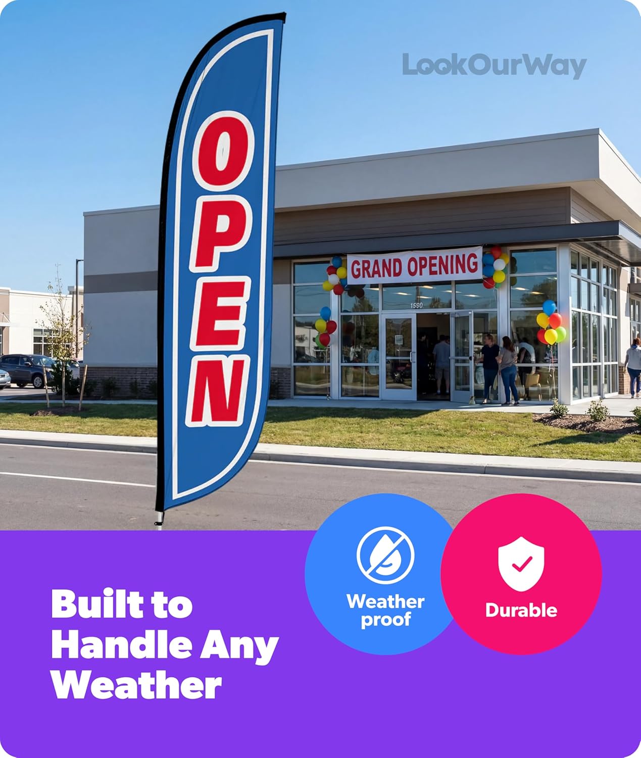 LookOurWay Feather Flag Banner - 12 Feet Tall Advertising Sign Swooper Flag Only, No Poles - Grand Opening Flags - Open Blue & Red (10M1200107)