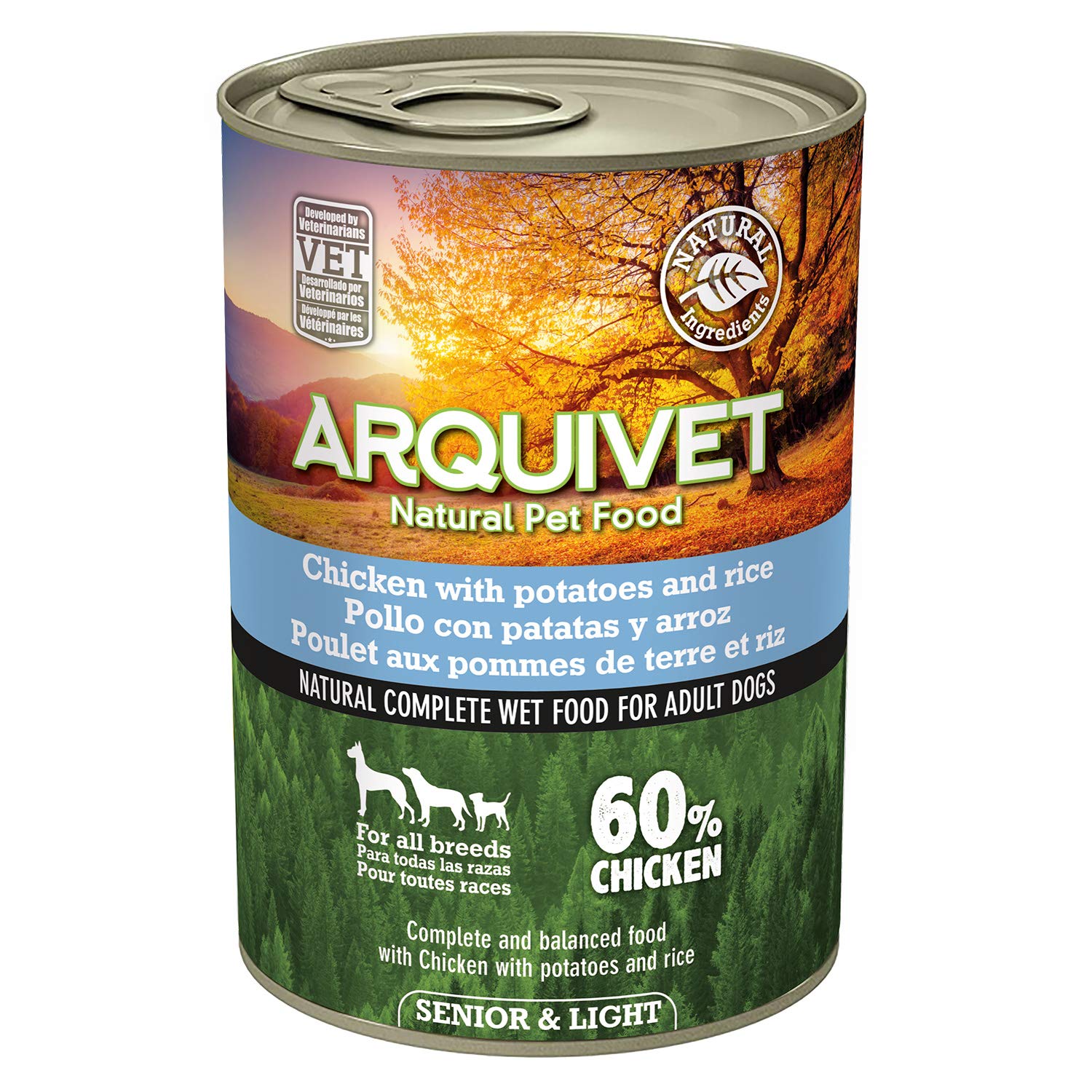 ARQUIVET Latas de Pollo con Patatas y arroz con Aceite de salmón - Pack 6 Unidades x 400 gr - Comida húmeda para Perros - para Perros Senior, Todo Tipo de Razas