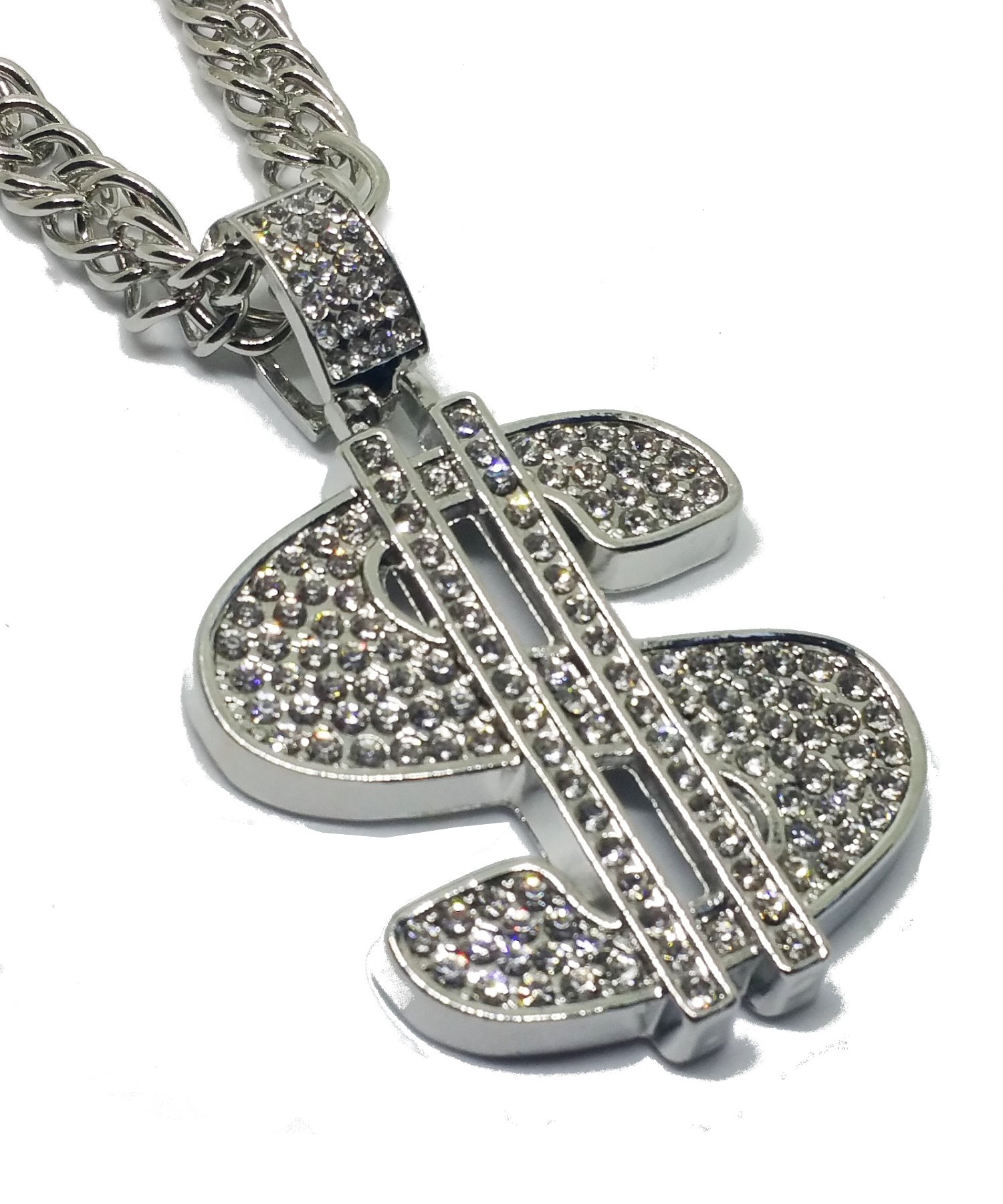 Iced Out"Big Money Sign" 14K Hip Hop Silver Plate Jewelry, Bling Bling Necklace 30"Rope Chain Included