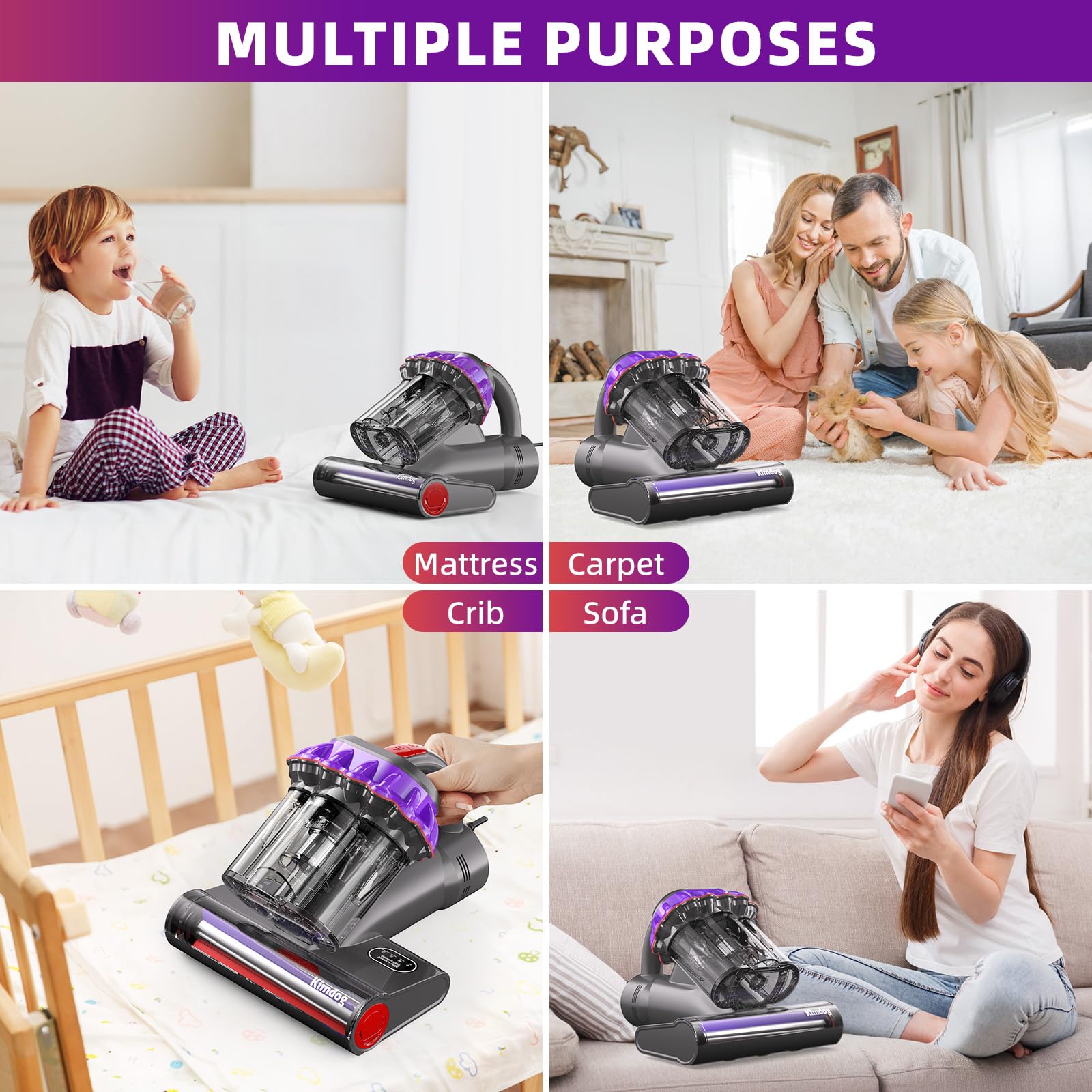 Aspiradora de colchón de 16 Kpa con luz UV-C de 253.7 nm, calor de 140 °F y filtro HEPA, aspiradora de mano de 500 W para sofá, sofá y mascota 6