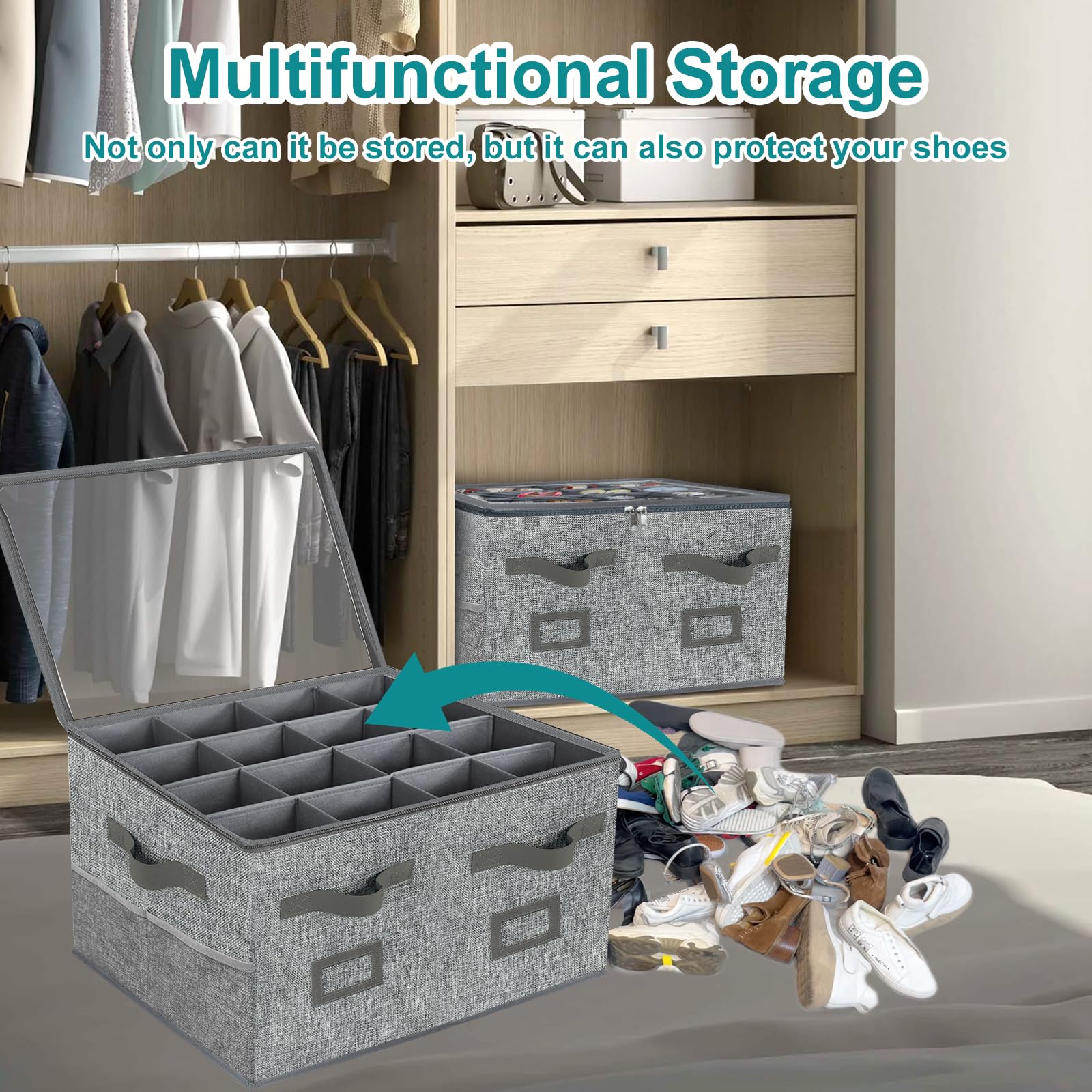 VERONLY Large Shoe Organizer for Closet (L21in x W17in x H13in), 16 Pairs Adjustable Shoe Box Storage Containers,Foldable Shoe Holder Bins with Clear Cover, Adjustable Dividers for Shoes, Dark Gray