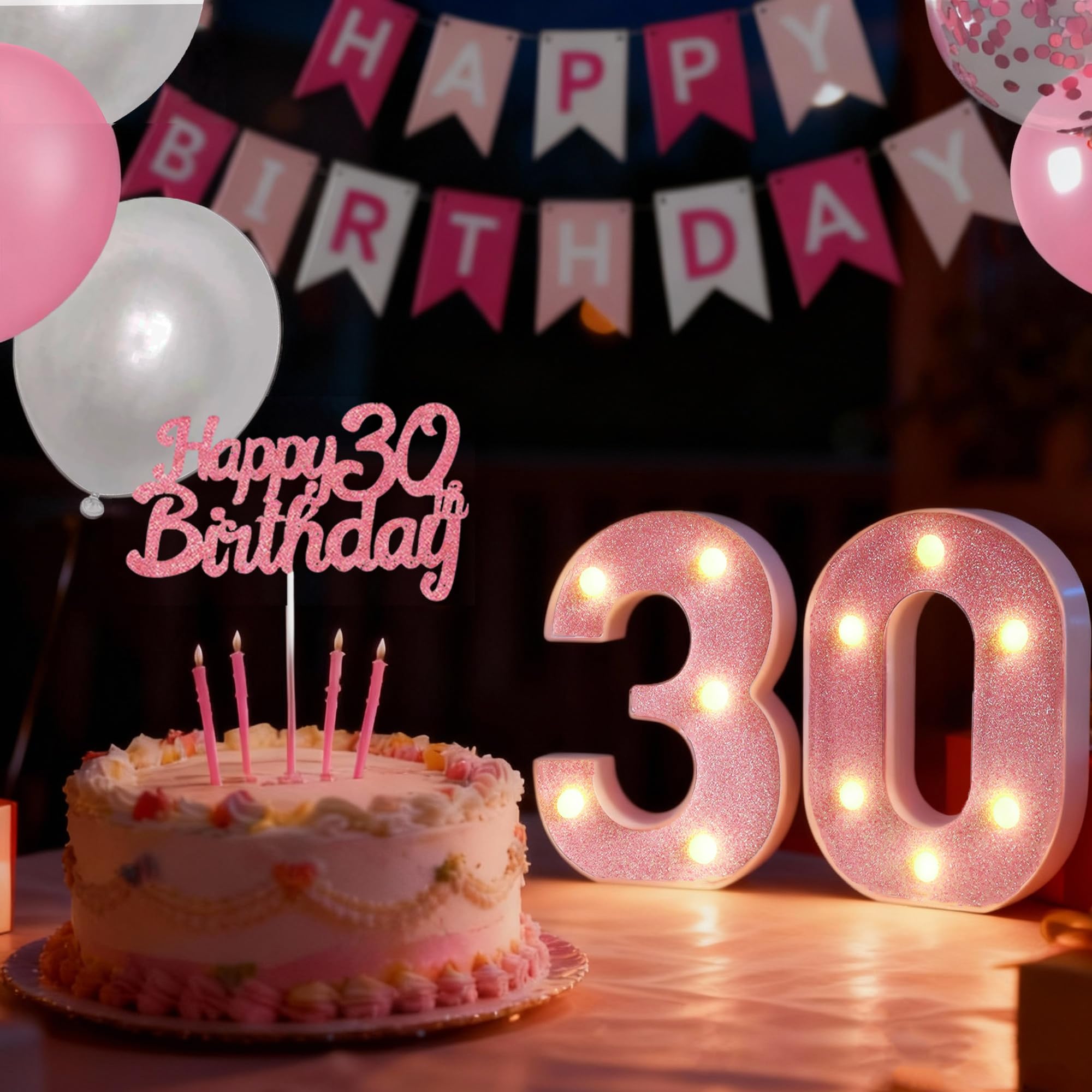 30th Birthday Decorations for Women - LED 30 Light Up Numbers, Pink and White Balloons, Happy Birthday Banner, Cake Topper, Pink Party Decorations Set for Women Celebration