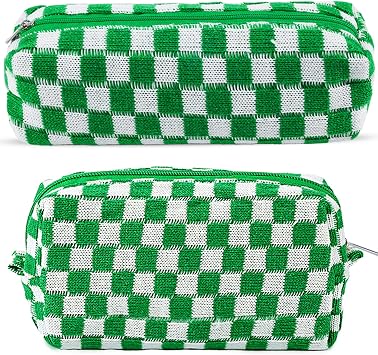ZLFSRQ 2Pcs Checkered Makeup Bag for Women Travel Medium Small Cosmetic Bag Set Cute Makeup Pouch Purse Zippered Toiletry Bag Organizer Preppy Y2K Trendy Aesthetic Makeup Brushes Storage BagGreen