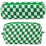 2Pcs Checkered Pencil Case Cute Pencil Pouch for Teens Checkered Makeup Bag Travel Cosmetic Bag Set Cute Makeup Pouch for Purse Portable Zippered Skincare Bags Preppy Toiletry Bags Organizer(Green)