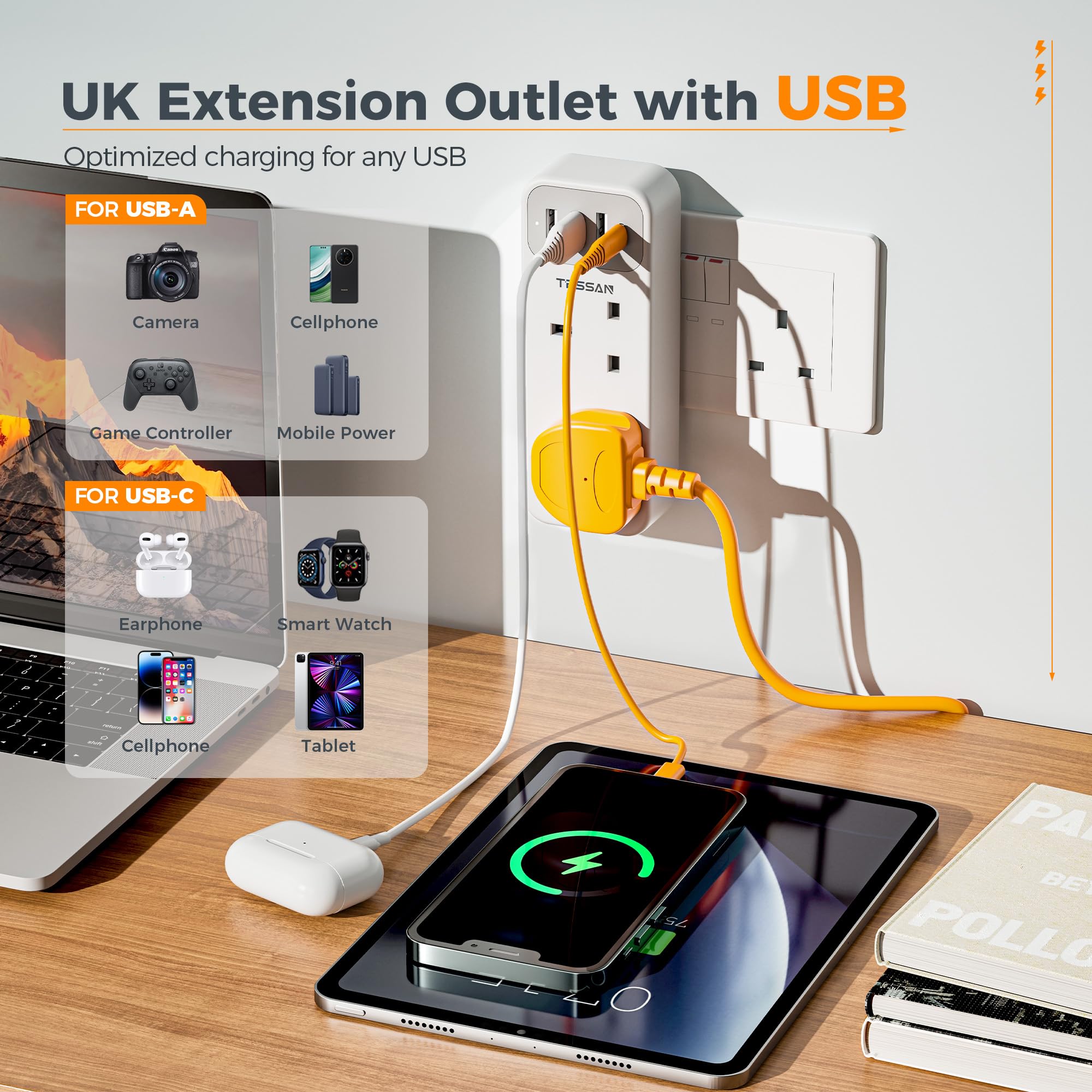 Plug Adapter with 3 USB A and 1 USB C, TESSAN Double Plug Extension Socket, 2 Way MultiPlug Adaptor - Image 4