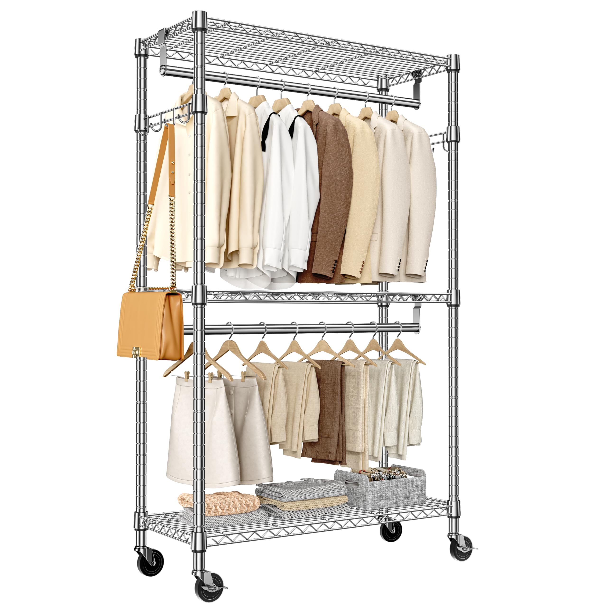 M MZG Robuster rollbarer Kleiderständer mit 3 Ebenen, Verstellbarer Drahtregal, Kleiderständer mit 2 Stangen und seitlichen Haken, Aufbewahrungsschrank Chrom 40 x 75 x 189,3 cm