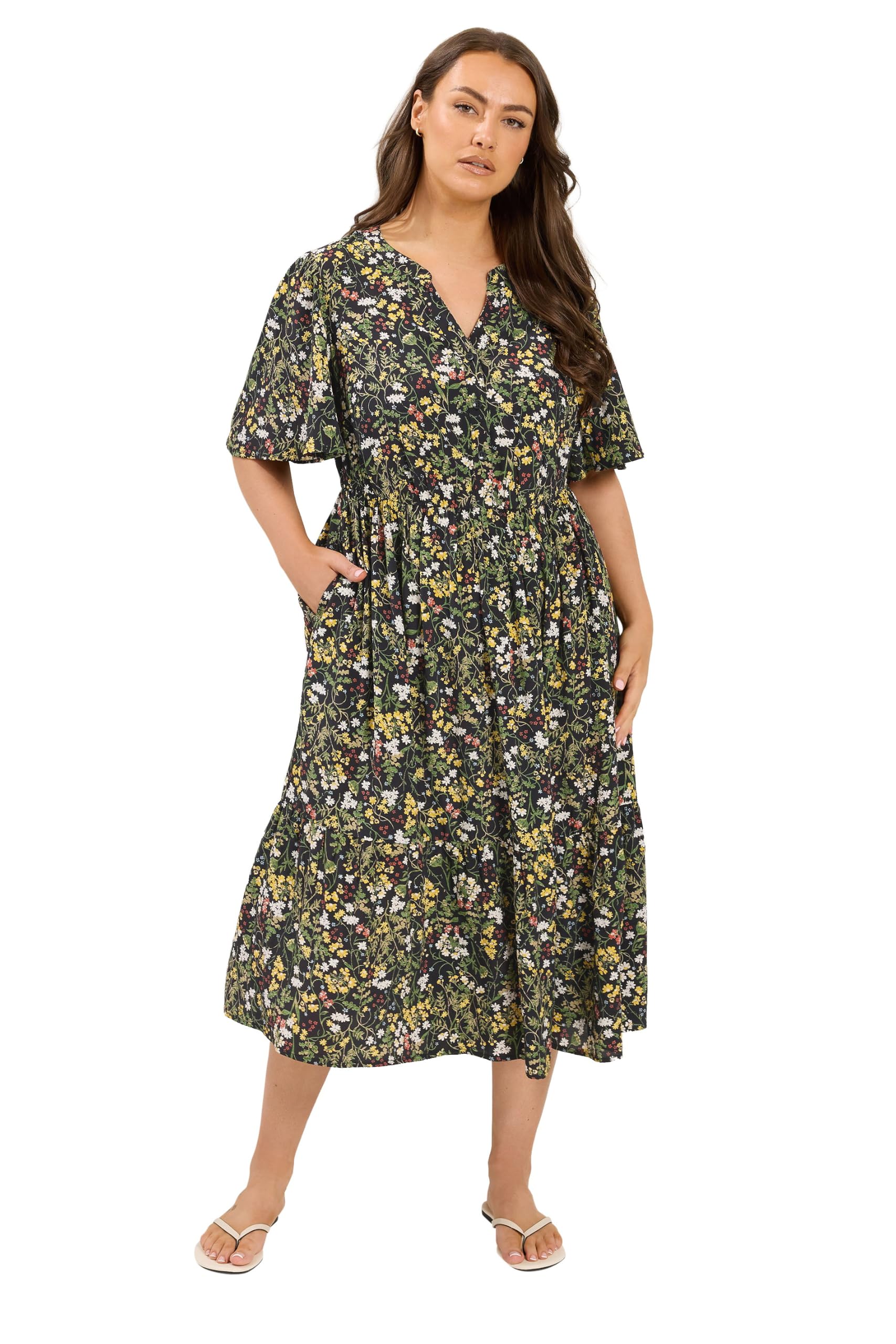 Yours Women's Black Floral Placket Midi Dress In | : Size 20