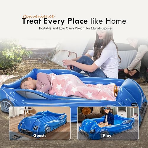 Miniatura 7 de RAPTAVIS Colchón de aire para niños, cama inflable de viaje para niños con lados, colchoneta para dormir, color azul