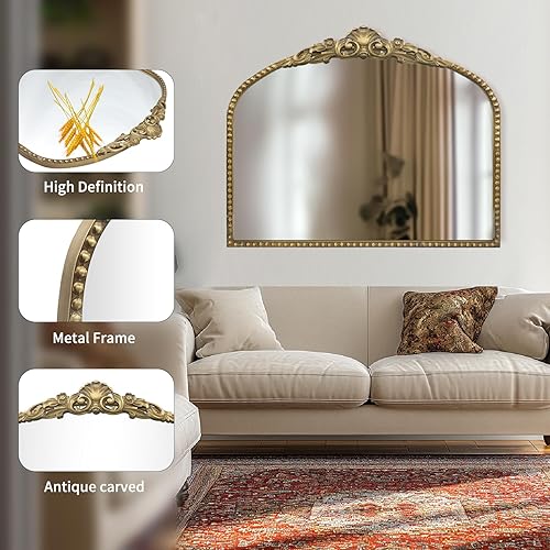 Miniatura 6 de G-LEAF Espejo arqueado, espejo barroco vintage de 40 x 31 pulgadas, espejo antiguo victoriano, espejo de granja con cepillo negro, marco de metal