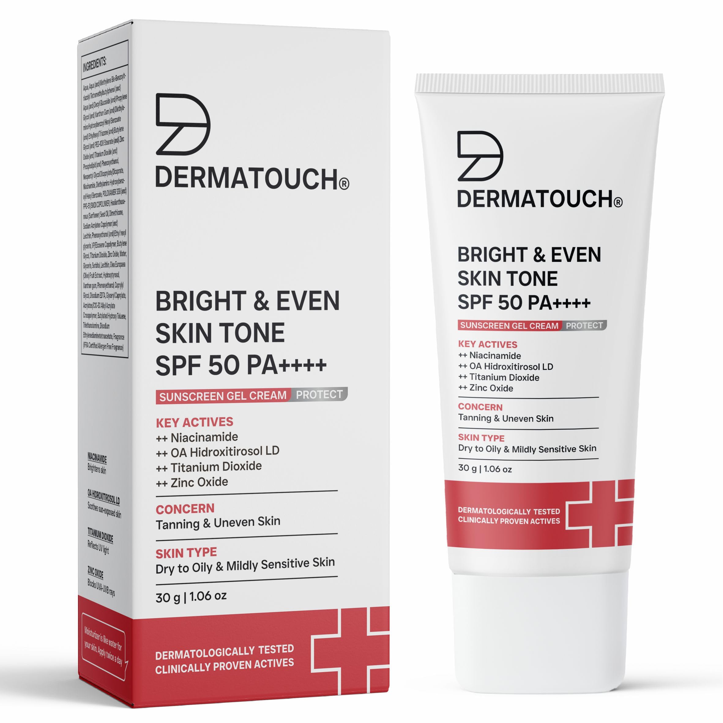 DERMATOUCH Bright & Even Skin Tone SPF 50 PA++++ Sunscreen Gel Cream For Tanning, Uneven Skin Tone & Sun Protection | Su