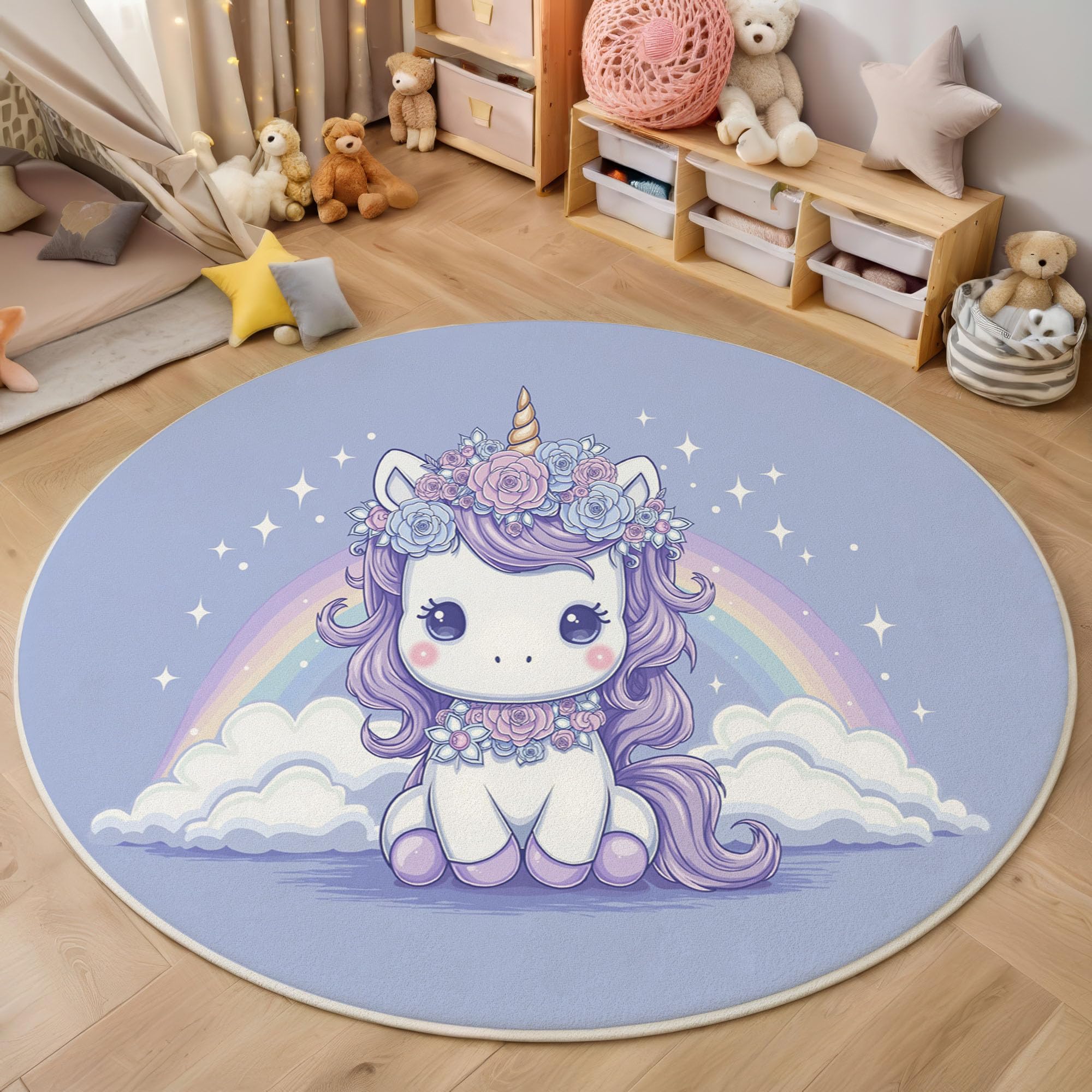 Alfombra Salon Redonda Cuento Hadas Ensueño 160cm - Tapetes de Pelo Corto Suave Arcoíris Caballo Blanco Alfombras de área Antideslizantes y Lavables para Dormitorio y Comedor, Morado Claro