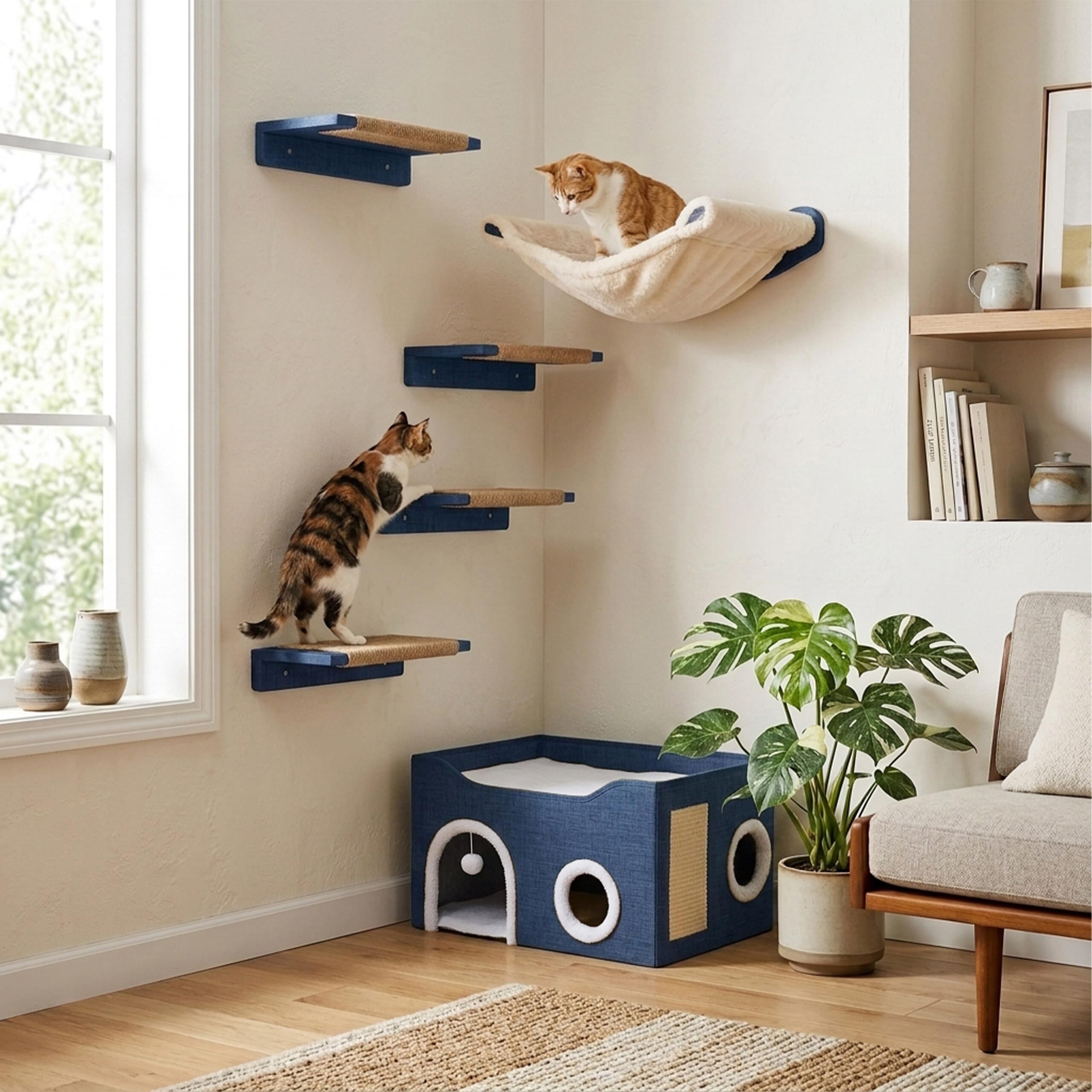 Grotte pour Chat Relaxdays, H x L x P : 34 x 60 x 40 cm, griffoir, Balle, 2 Coussins, Pliable, Bleue