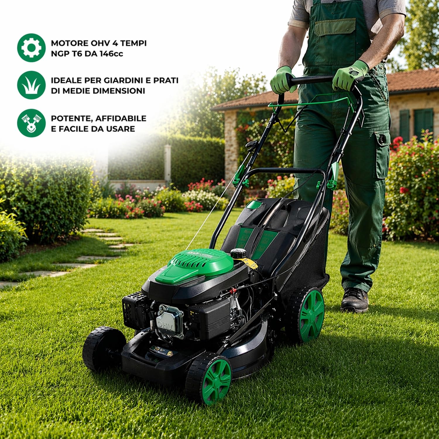 Tosaerba Rasaerba Semovente a Scoppio Motore 4 Tempi 146cc 3KW Taglio 46cm a Trazione 4 in 1 Mulching Raccolta Scarico Laterale Posteriore Regolazione Altezza di Taglio a 7 Livelli 25-70 mm Giardino