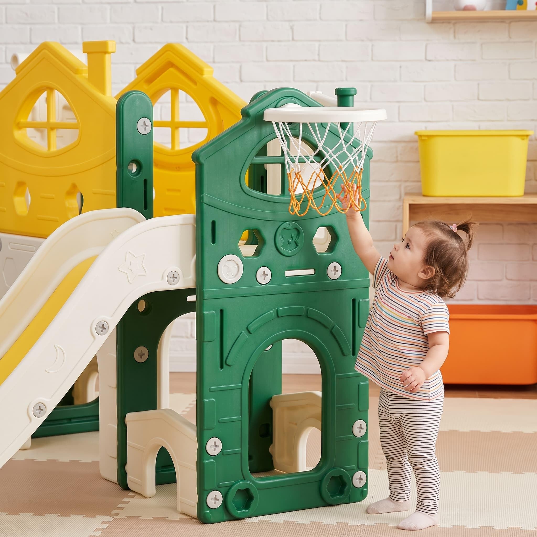 7 in 1 Kinderrutsche mit Kletterleiter,Indoor Outdoor Kinderspielplatz | Kleinkinderrutsche mit Basketballkorb, Klettergerüst, Teleskop, Tunnel, Plattformgang, Aufbewahrungskorb, Kinder Spielplatz
