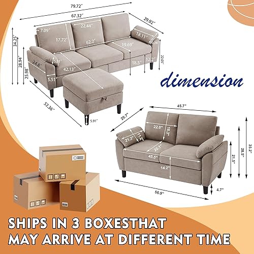 Miniatura 2 de Juego de sofá modular convertible de 80 pulgadas, moderno sofá pequeño en forma de L de lino con diván reversible y sofá biplaza, sofás de 3