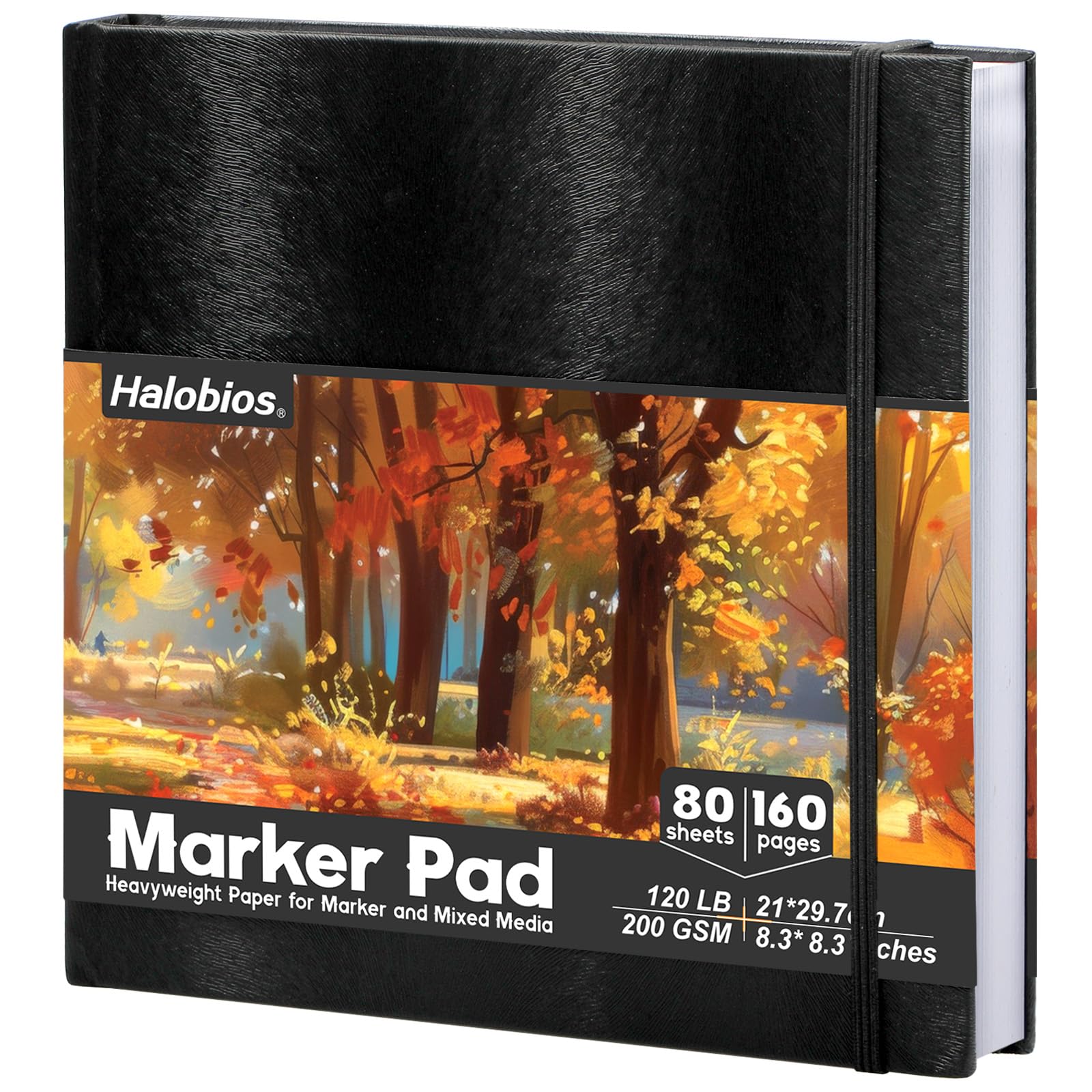 Halobios szkicownik, gruby papier 200 g/m², profesjonalny papier do rysowania markerami dla markerów alkoholowych, akrylu, tuszu i węgla – 21 cm x 21 cm, 80 arkuszy / 160 stron