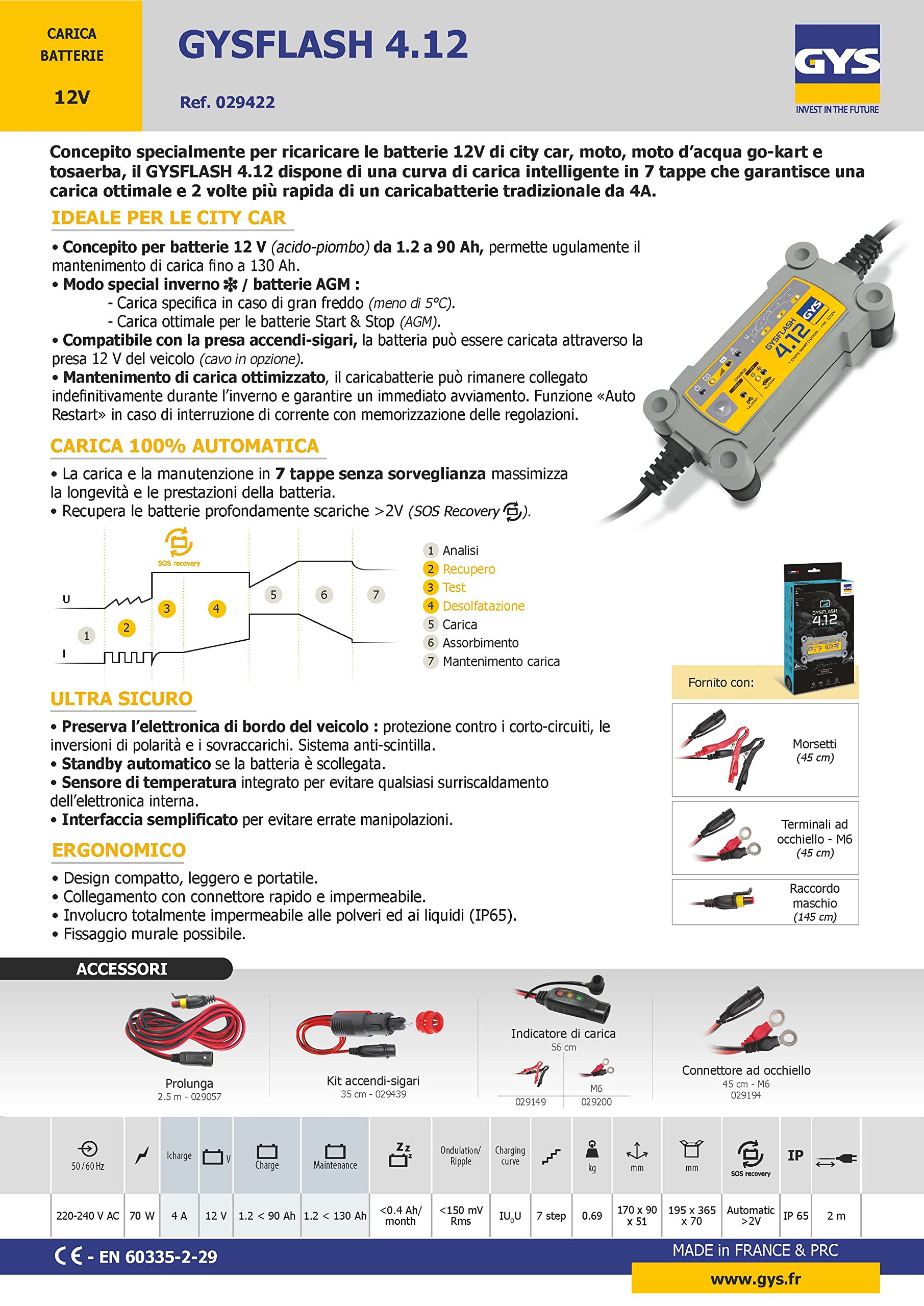 GYS, GYSFLASH 4.12, Chargeur de Batterie Intelligent Plomb (VRLA, AGM, SLA, Gel, Liquide, EFB), 0,8A/4A, Véhicules 12V (Moto, Voiture), Maintien de Charge Sécurisé, Désulfatation, IP65