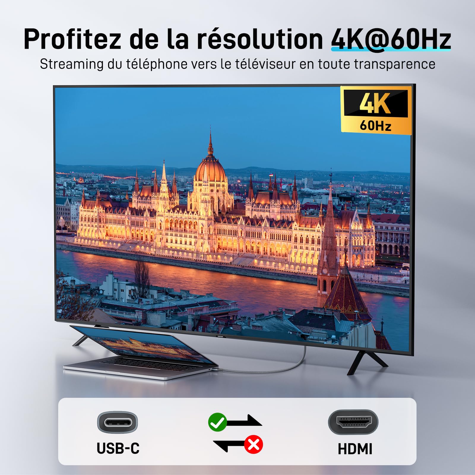 Acer Câble USB C vers HDMI 4K@60Hz, Cable Thunderbolt 4 3 Type C HDMI 2.0 Compatible avec iPhone 16 Plus Pro Max 15 MacBook Pro Air Surface Pro 10 iPad Pro Air Galaxy S24 Ultra 2M